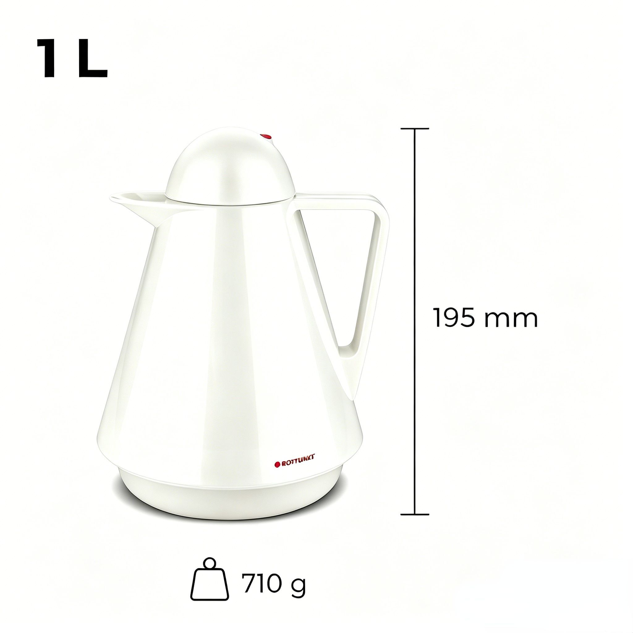 Ein weißer 1-Liter-Thermoskrug, 195 mm hoch, 710 g schwer.