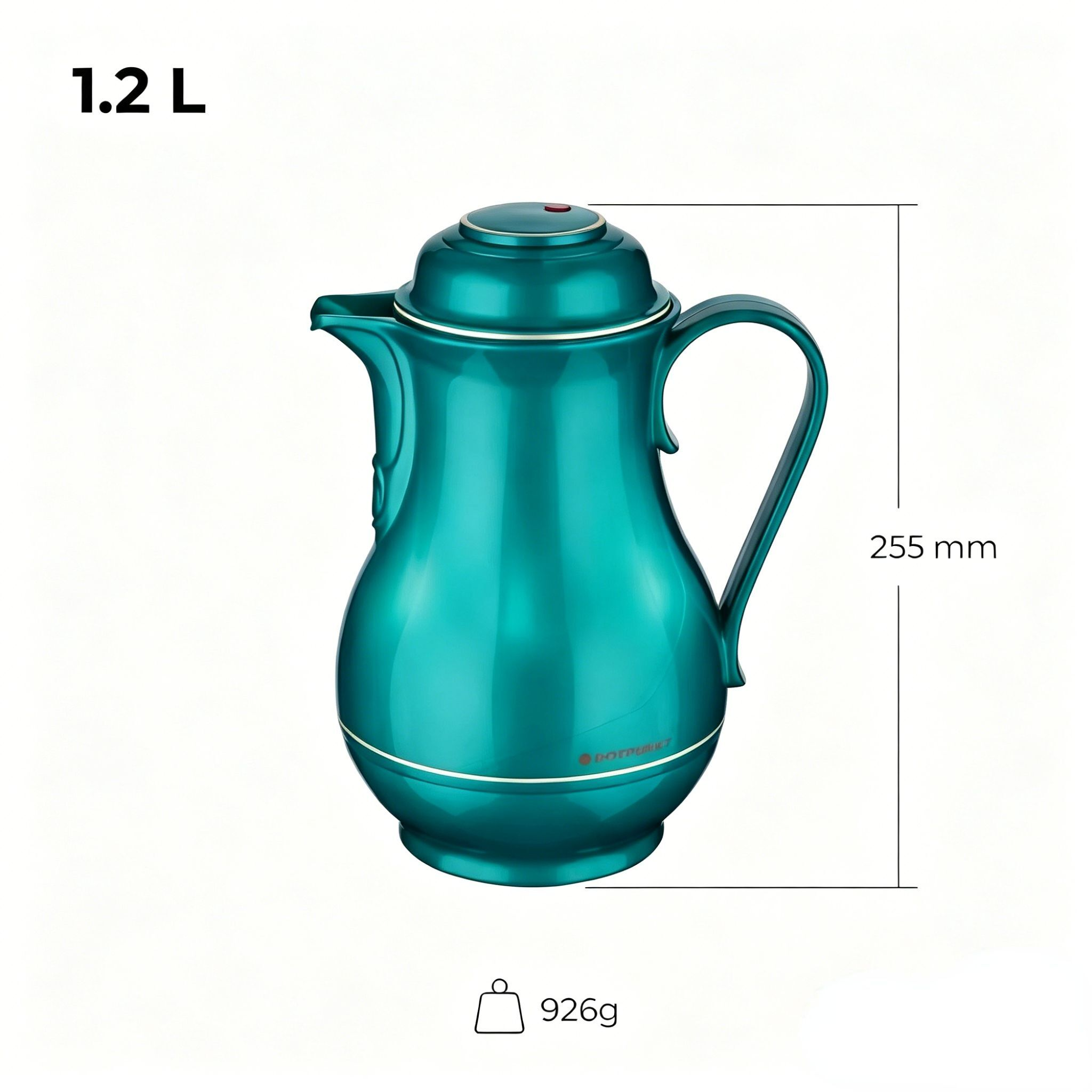 Ein smaragdgrüner Thermos-Karaffe mit 1,2 L Fassungsvermögen, 255 mm hoch, 926 g.