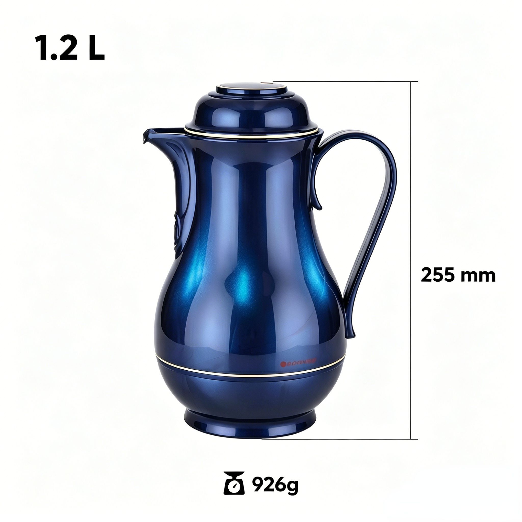 Dunkelblauer Thermoslbecher, 255 mm hoch, 1,2 L Kapazität, 926 g Gewicht.