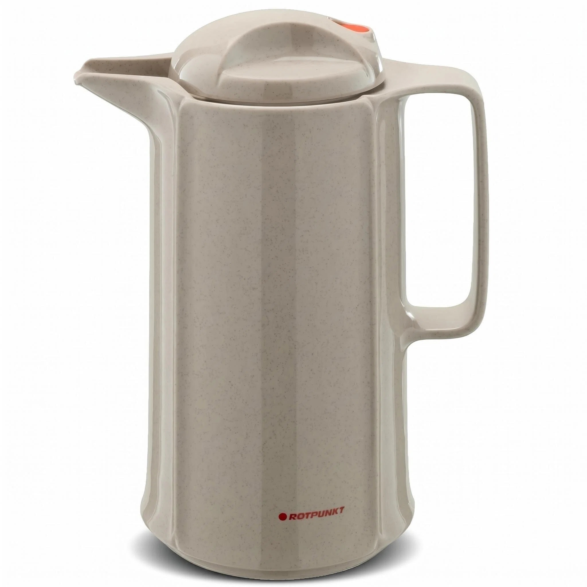 Eine beige Thermoskanne mit rotem Akzent auf dem Deckel.