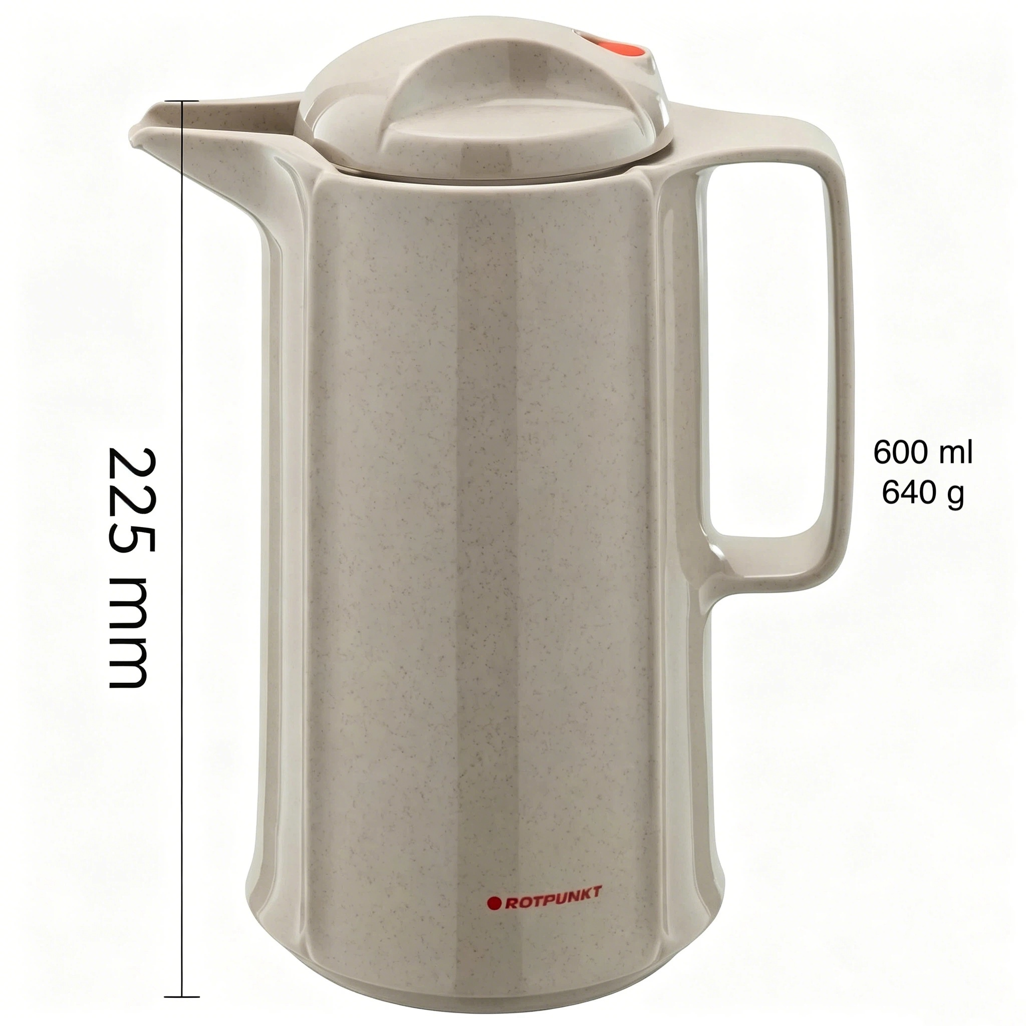 Beige Thermoskanne mit Henkel und Ausguss. 225 mm hoch, 600 ml, 640 g.