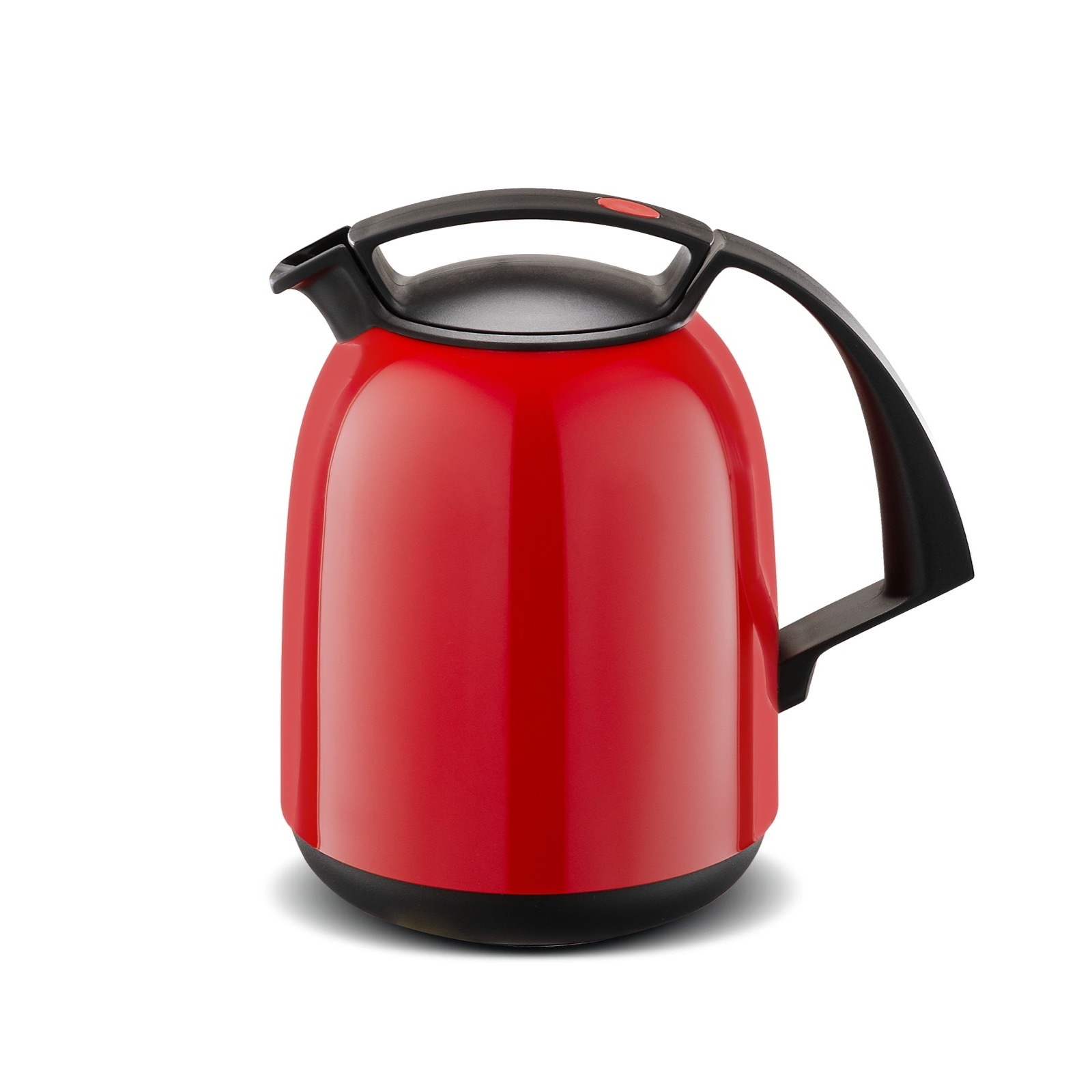 Ein roter Thermoskanne mit schwarzem Griff und Deckel steht auf weißem Hintergrund.