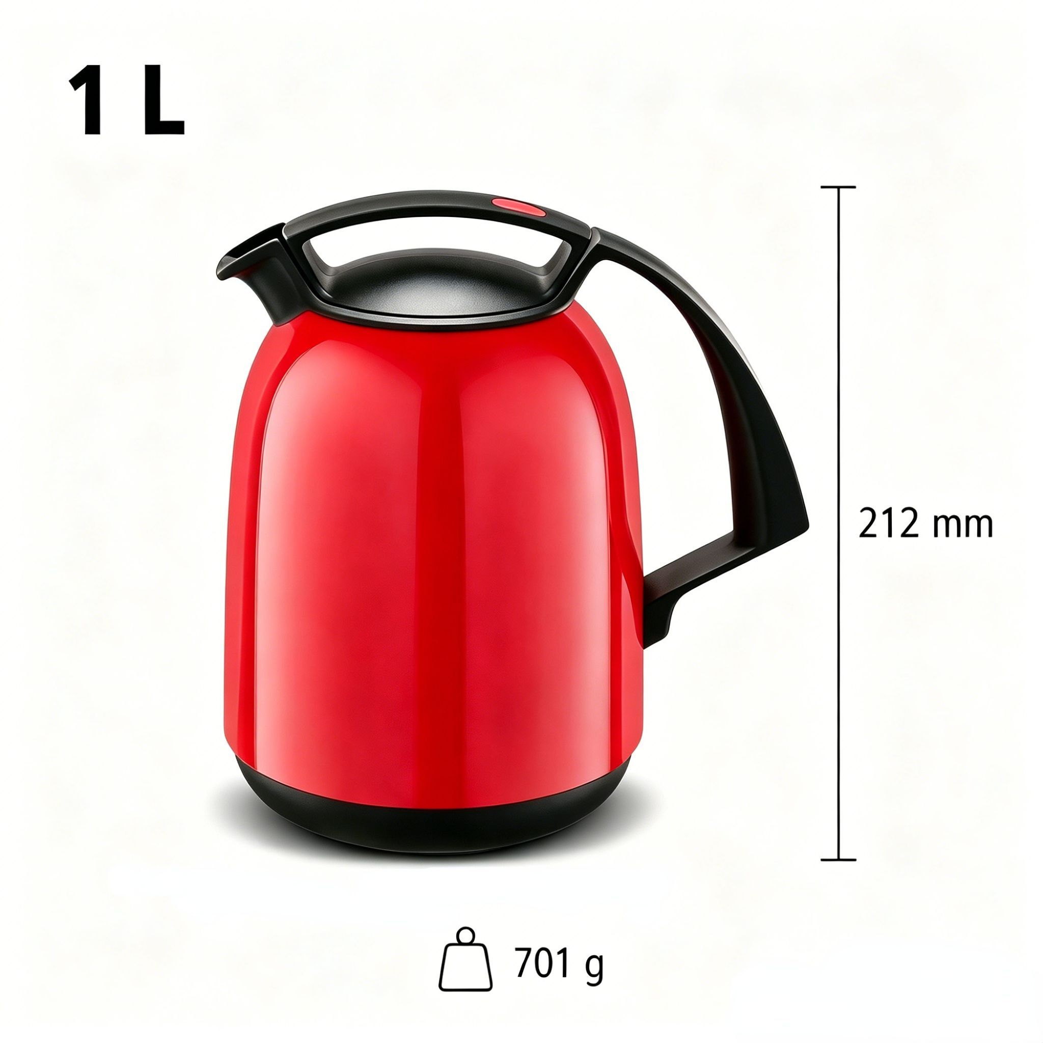 Rote Thermoskanne, 1L, 212mm hoch, 701g schwer.
