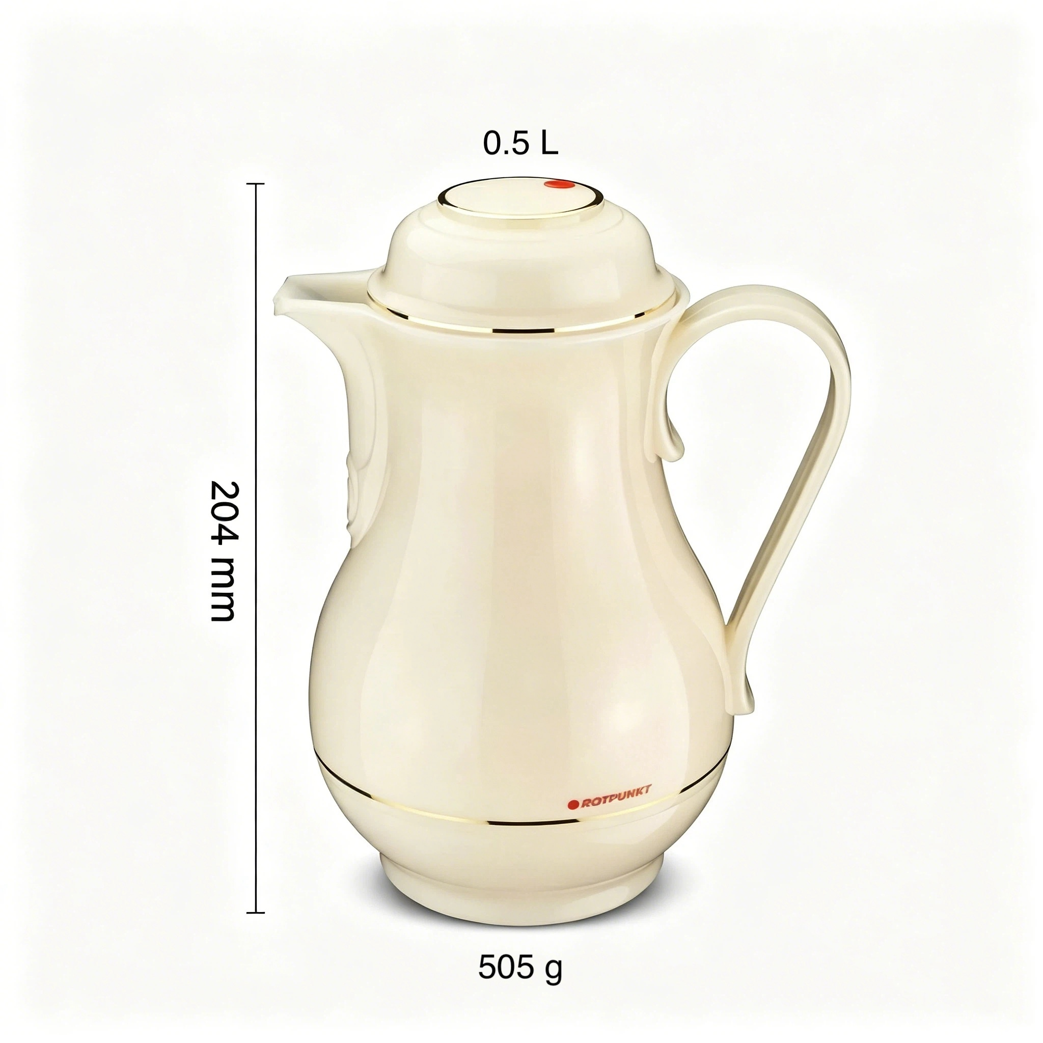 Eine cremefarbene Thermoskanne mit 0,5 L Fassungsvermögen und 204 mm Höhe.