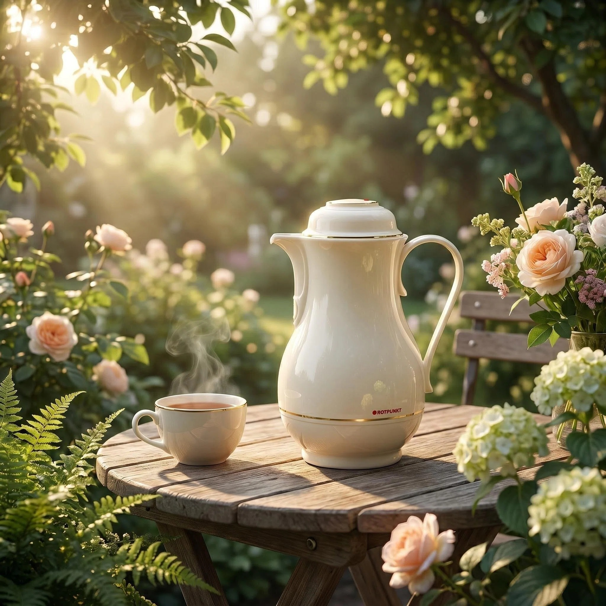Eine weiße Thermoskanne und eine dampfende Tasse Tee auf einem Holztisch im Garten.