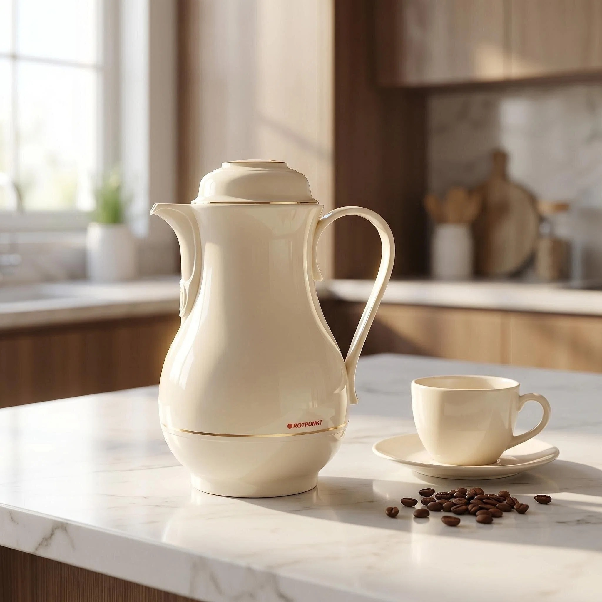 Eine cremefarbene Thermoskanne und Tasse mit Kaffeebohnen auf Marmor.