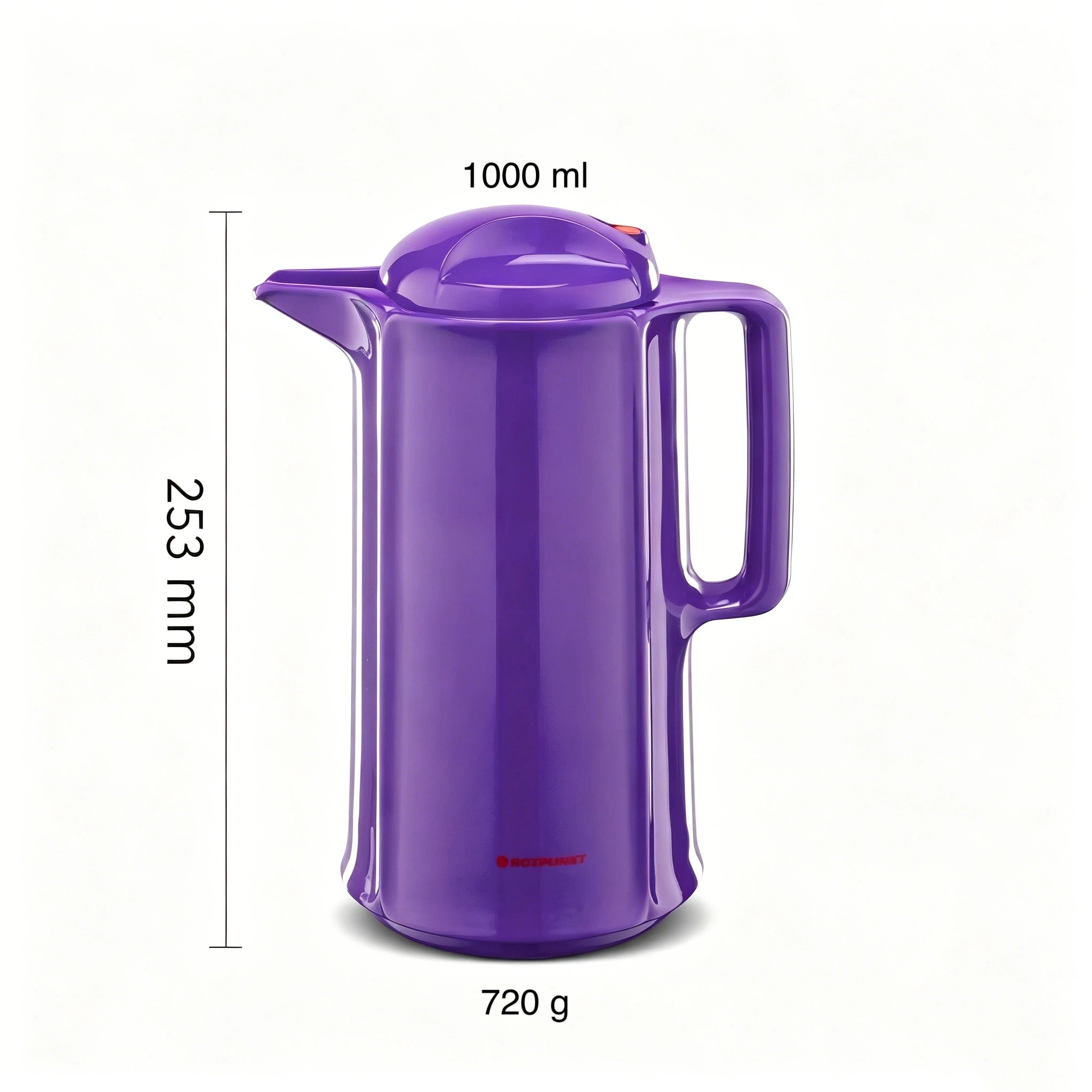 Lila Thermoskanne, 1000 ml, 253 mm hoch, 720 g schwer.