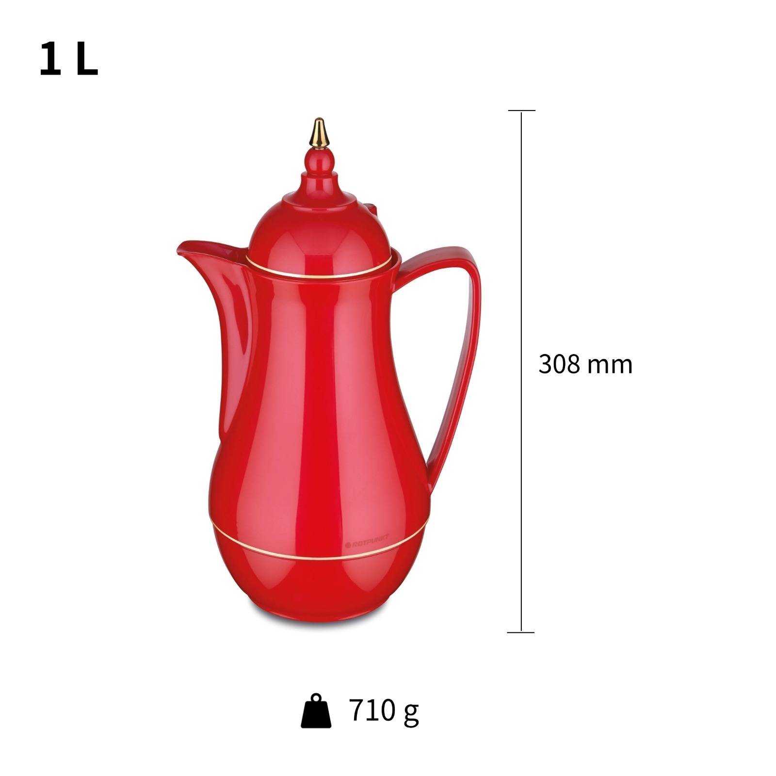 Rote Kanne mit Goldrand, 308 mm hoch, 1 Liter Kapazität, 710 g Gewicht.
