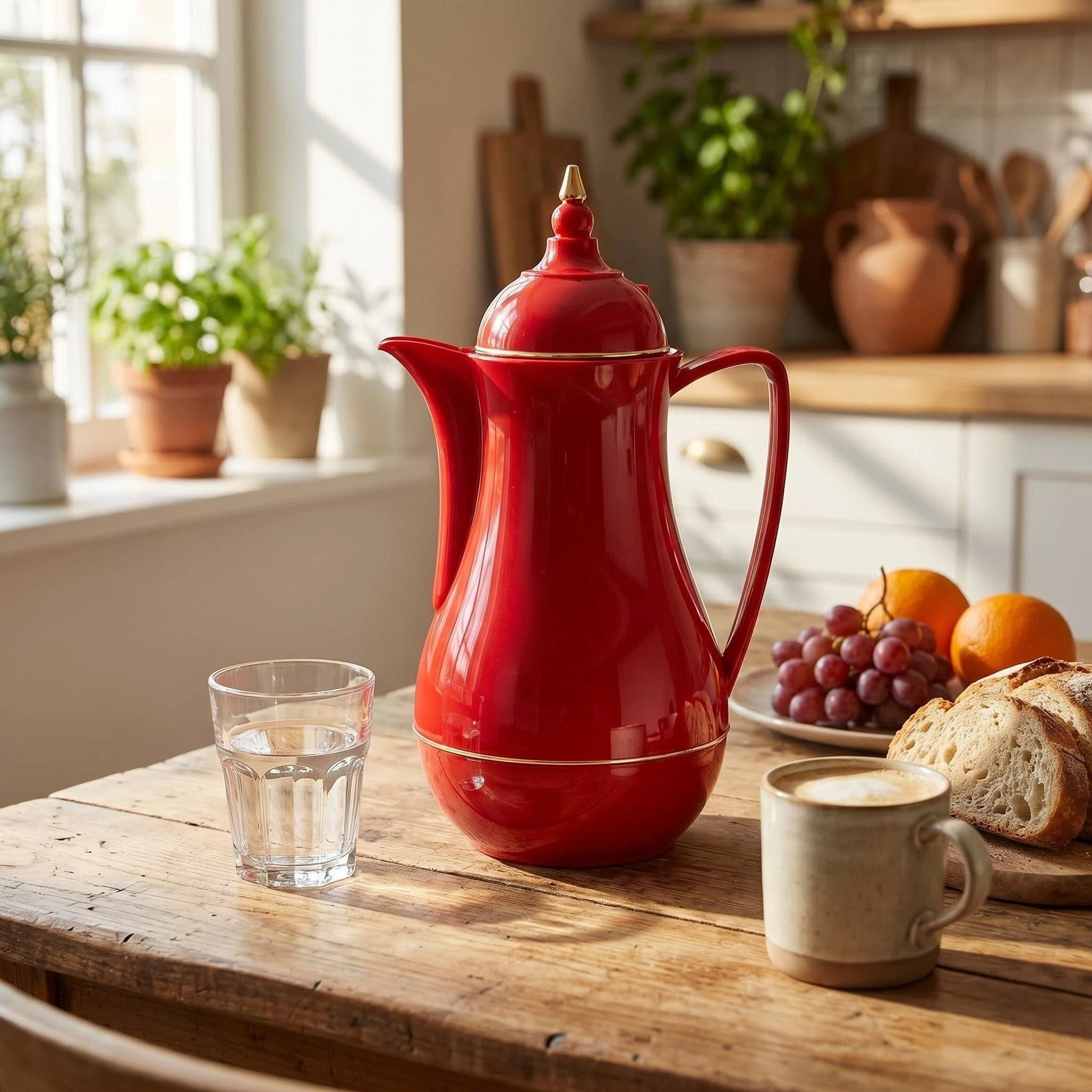 Eine rote Kaffeekanne, ein Glas Wasser, eine Kaffeetasse, Brot und Obst auf einem Holztisch.