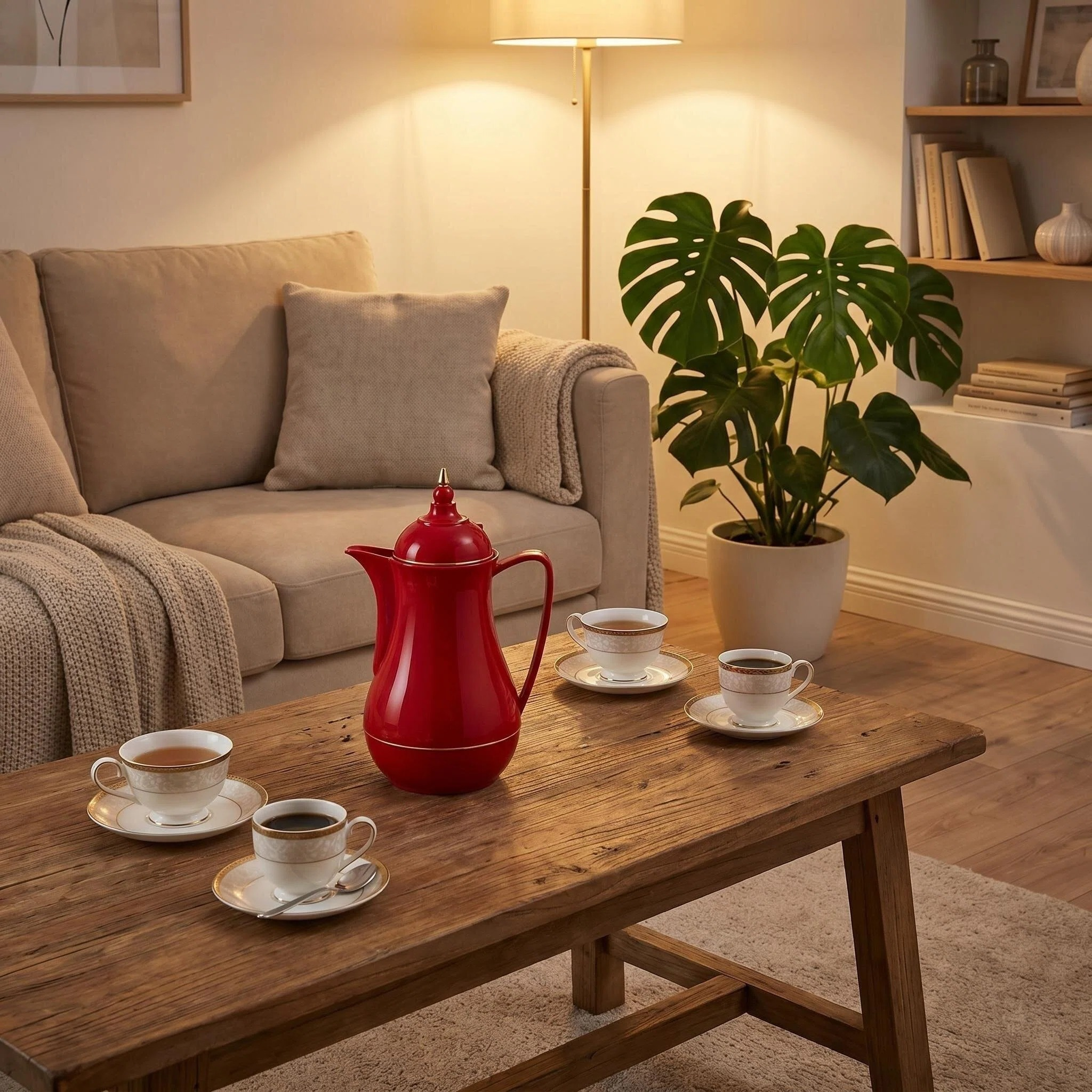 Ein roter Krug steht auf einem Holztisch mit vier Tassen Kaffee und Tee.