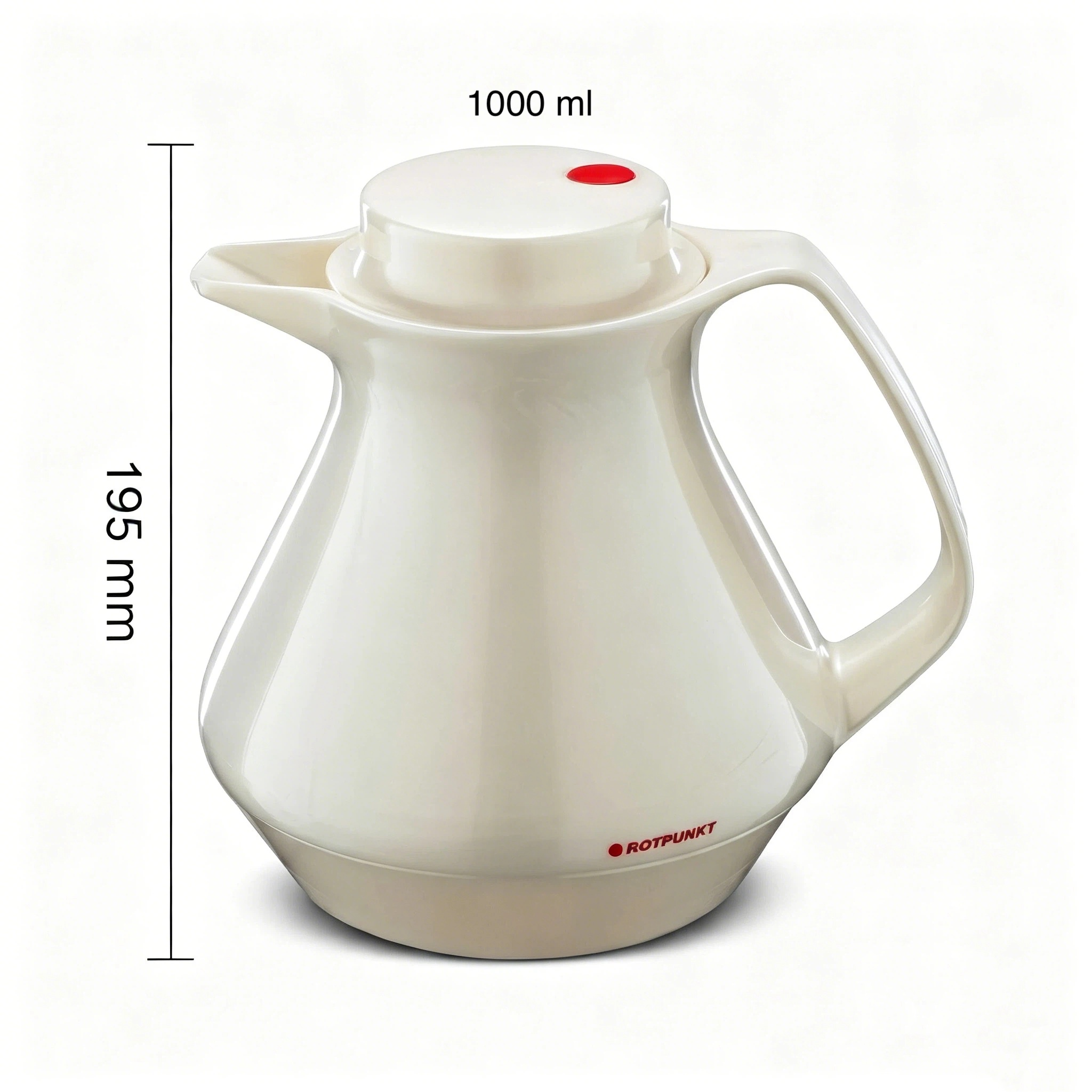 Eine weiße Thermoskanne mit rotem Knopf und Griff, 19,5 cm hoch.