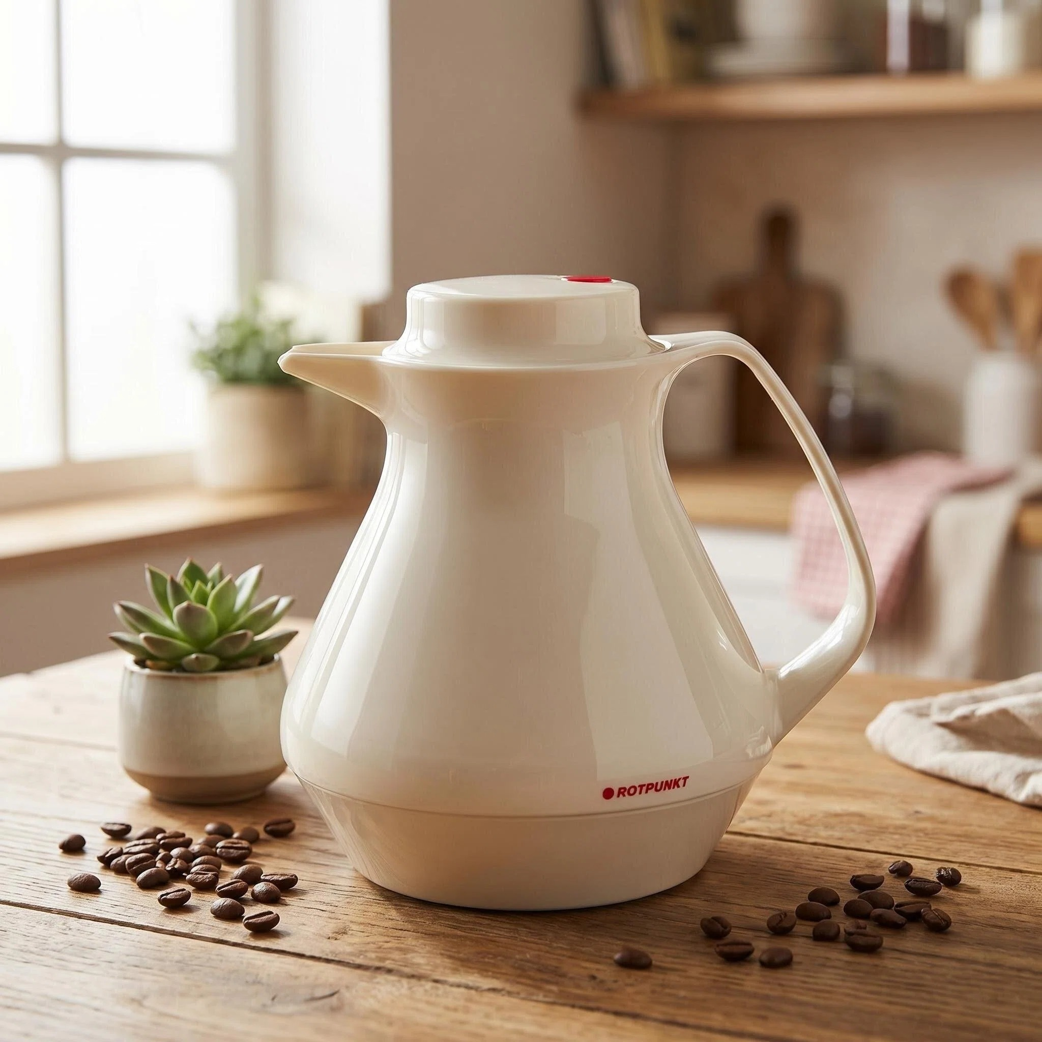 Eine weiße Thermoskanne steht auf einem Holztisch mit Kaffeebohnen und einer kleinen Pflanze.