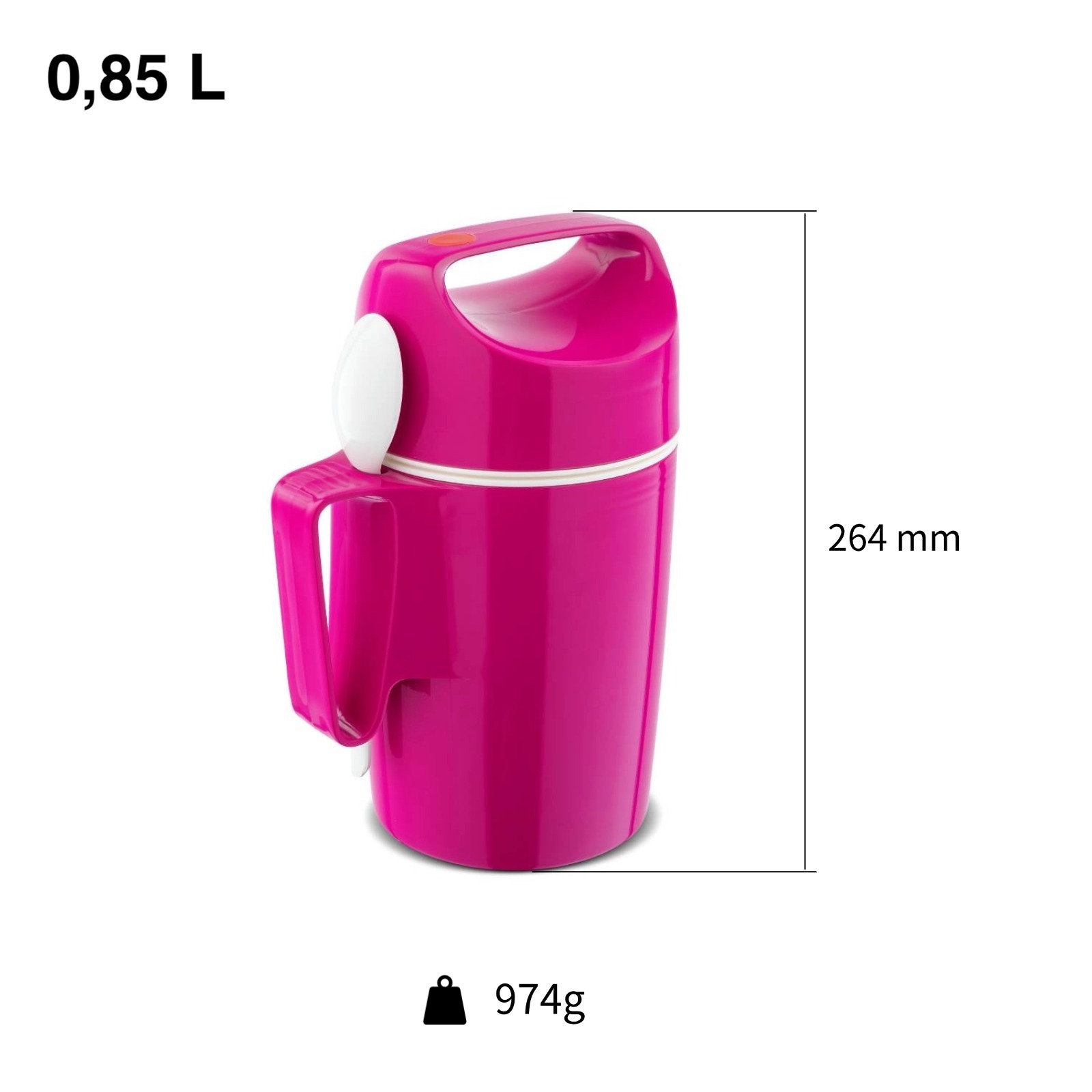 Un thermos rosa acceso con manico e cucchiaio bianco, 850ml, alto 264mm, peso 974g.