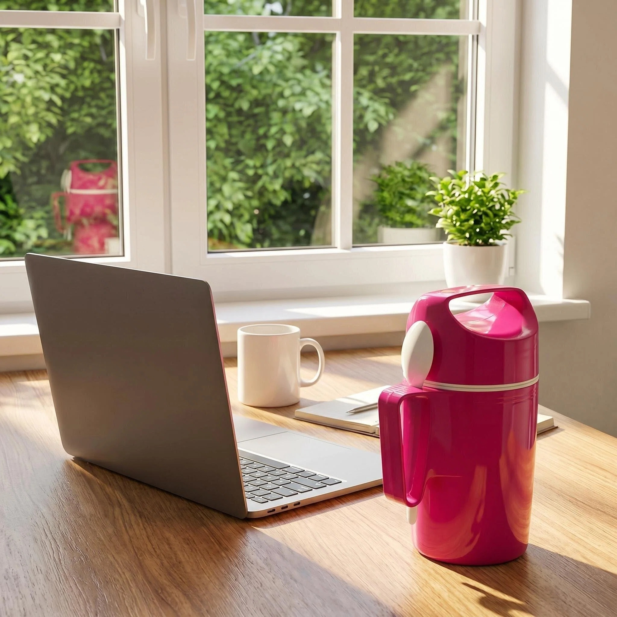 Laptop, tazza, thermos e pianta su una scrivania di legno vicino a una finestra.