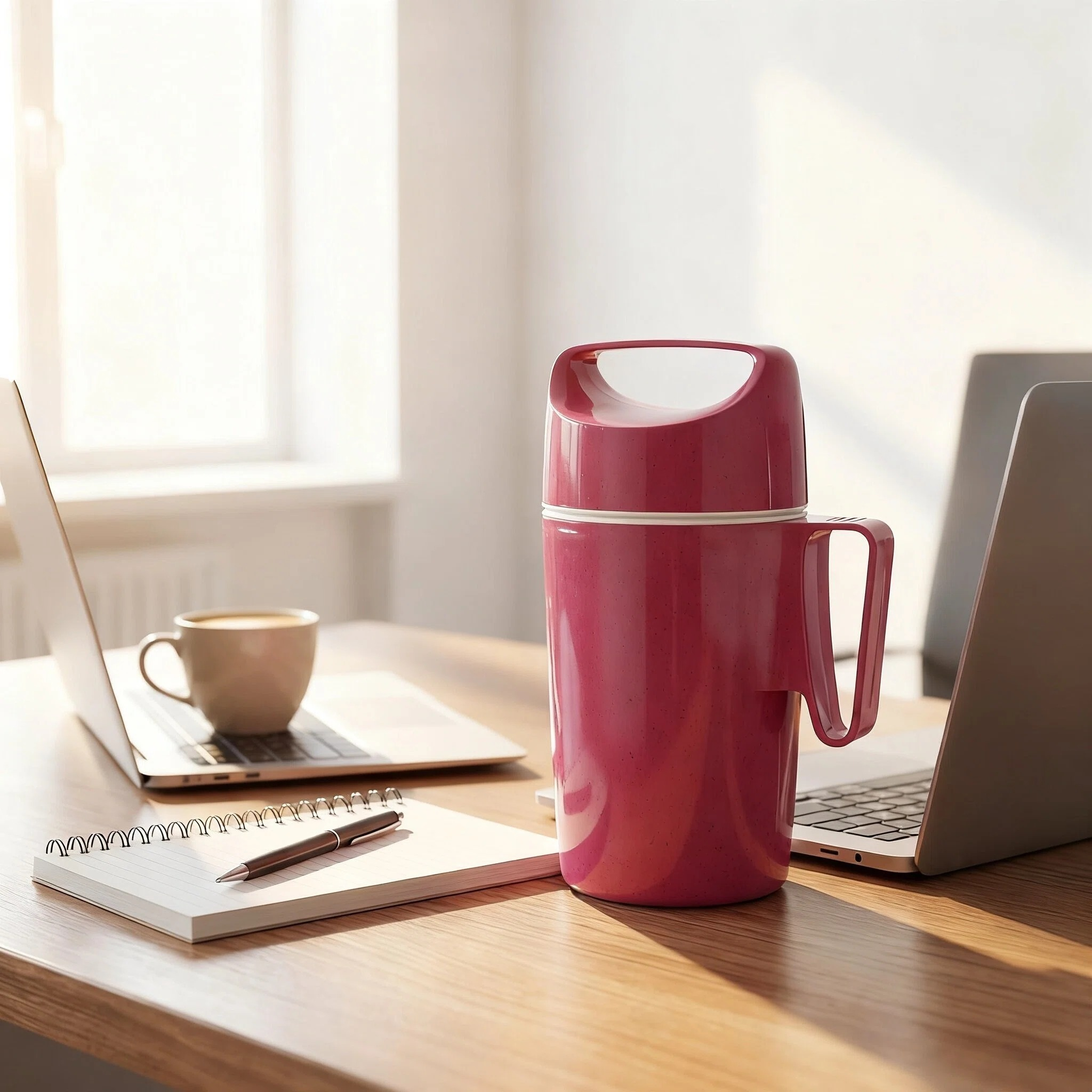 Un thermos rosa, una tazza da caffè e due laptop su una scrivania di legno.