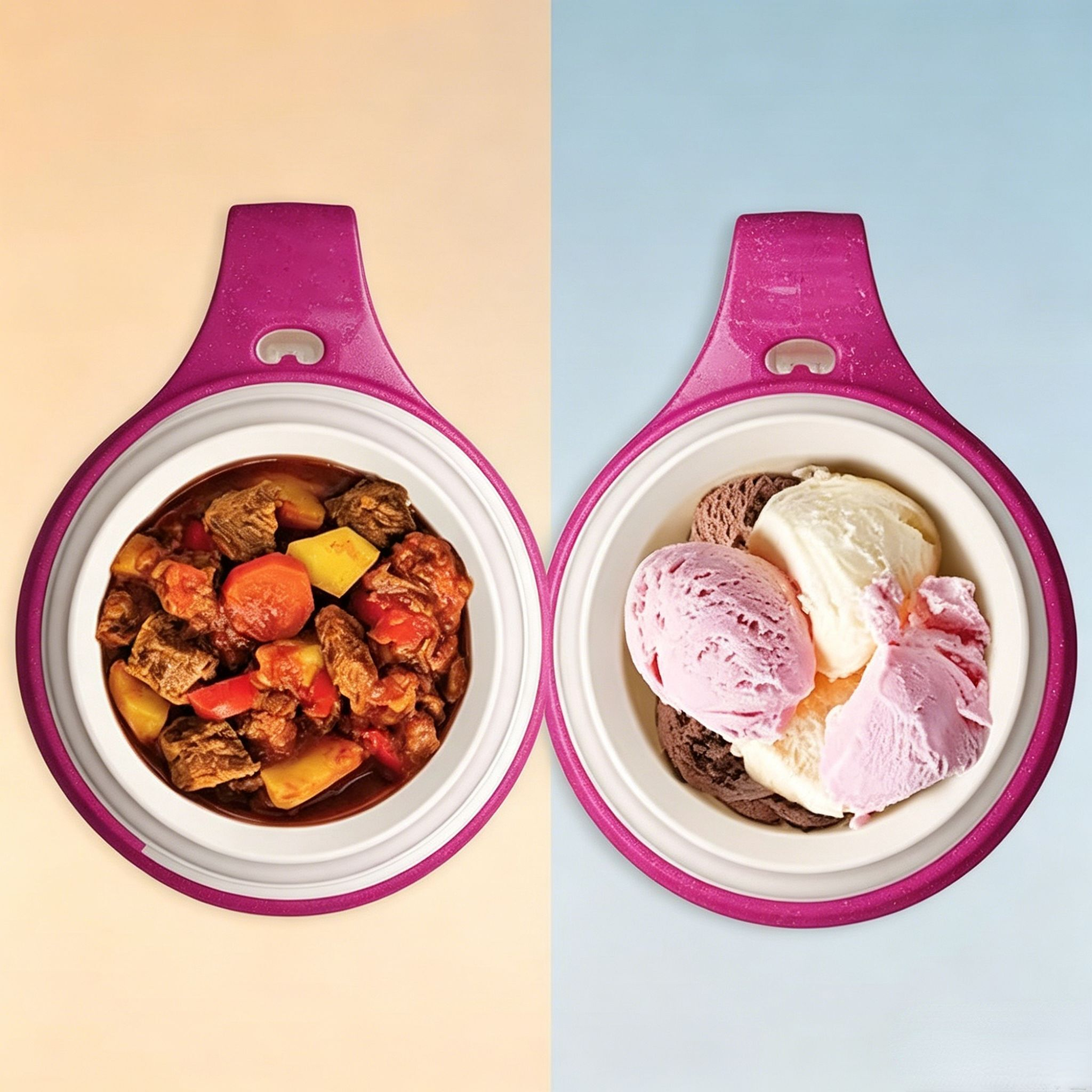 Due contenitori: Sinistra con stufato, patate, carote. Destra con gelati.