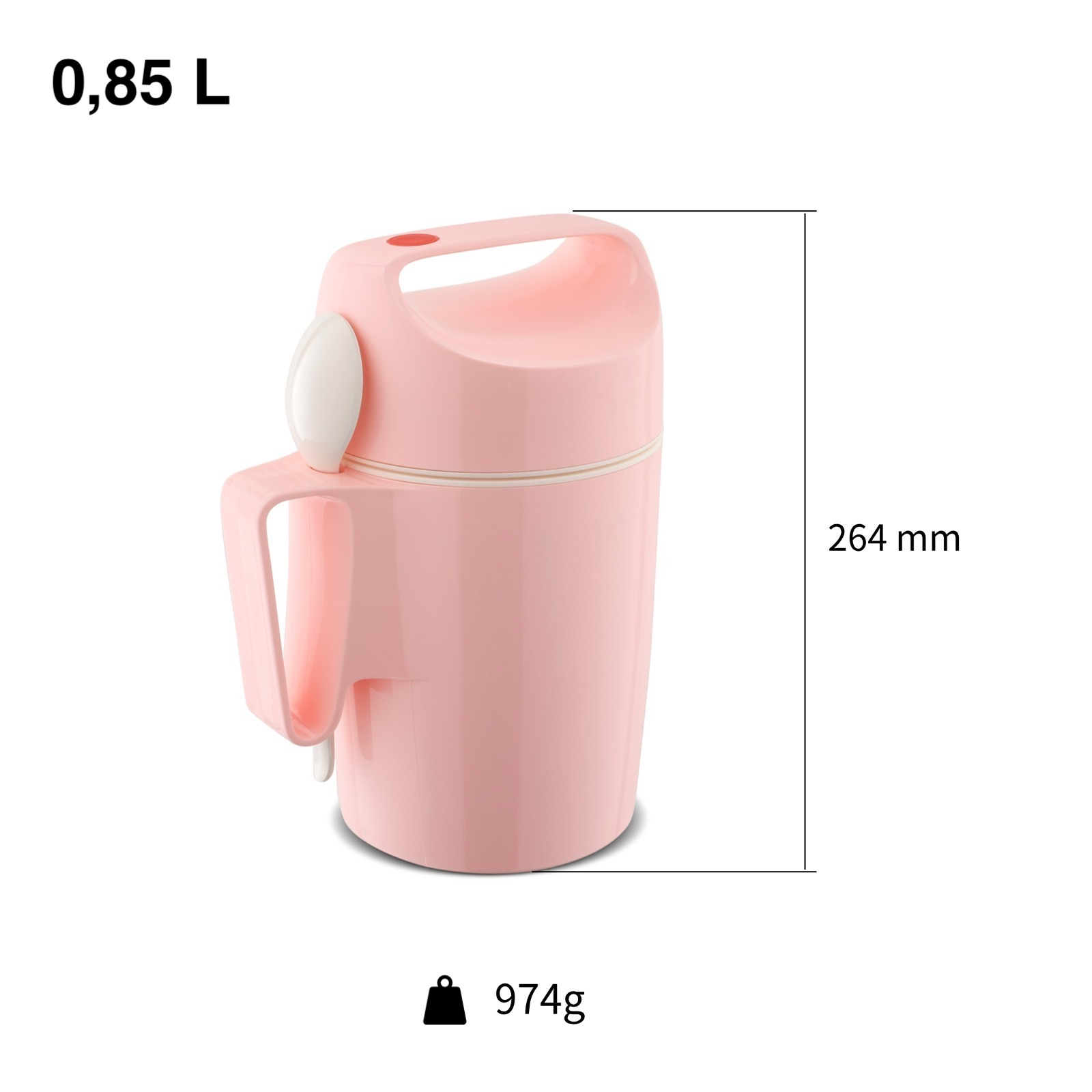Un thermos rosa con manico e cucchiaio, 0,85 L, alto 264 mm, peso 974 g.