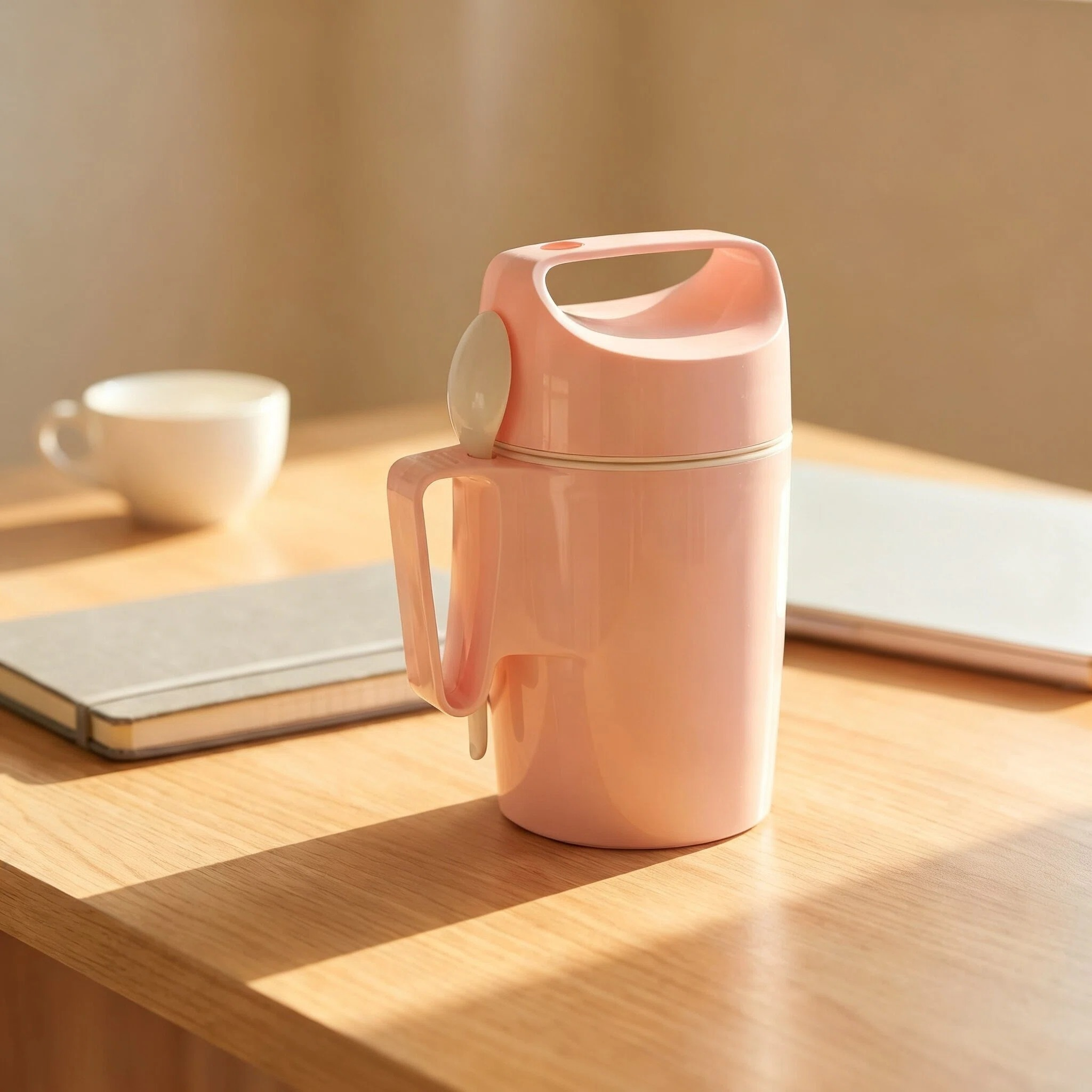 Una tazza rosa con cucchiaio e manico si trova su un tavolo di legno accanto a un taccuino e una tazza.