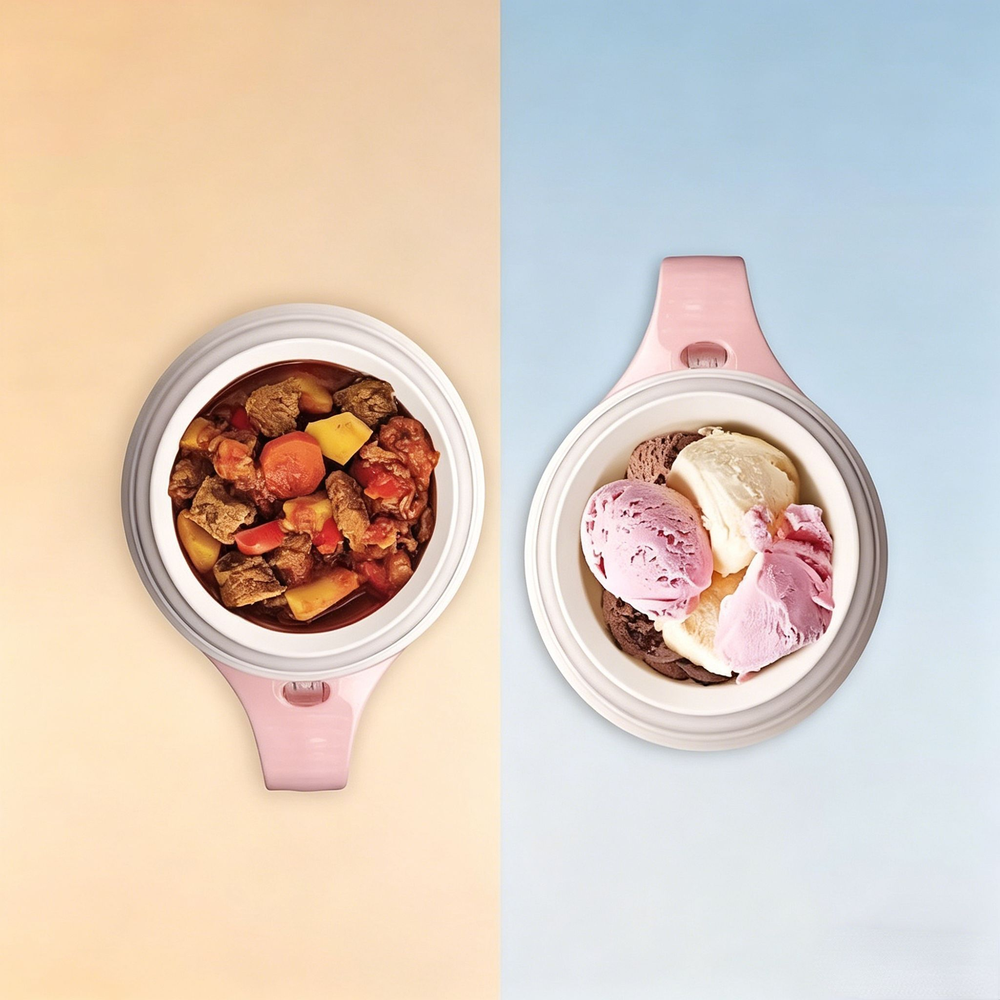 Piatto di carne e gelato in contenitori bianchi su sfondo diviso.