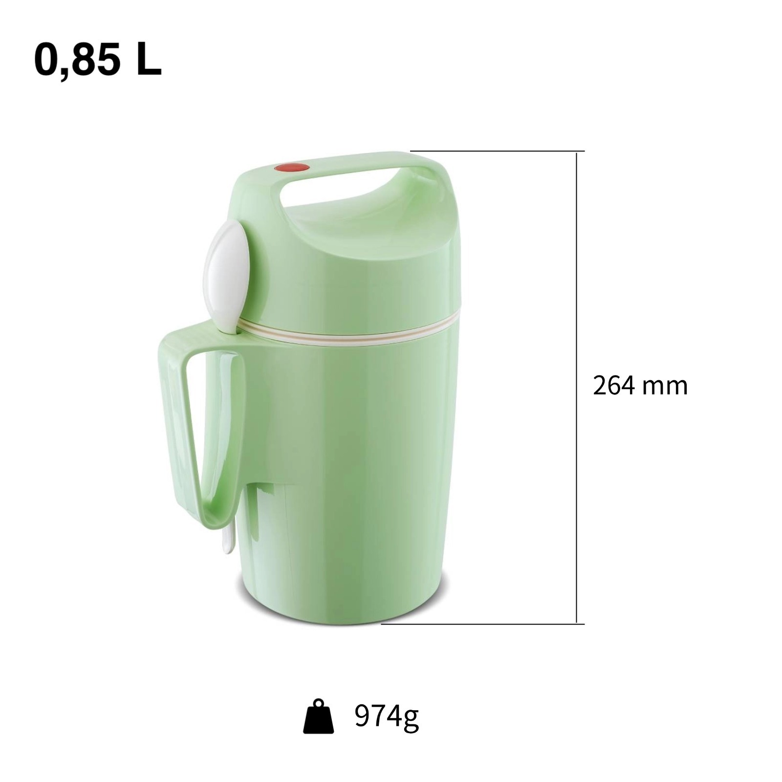 Grüne Kanne mit Griff, Messungen 0,85L, 264mm, 974g.