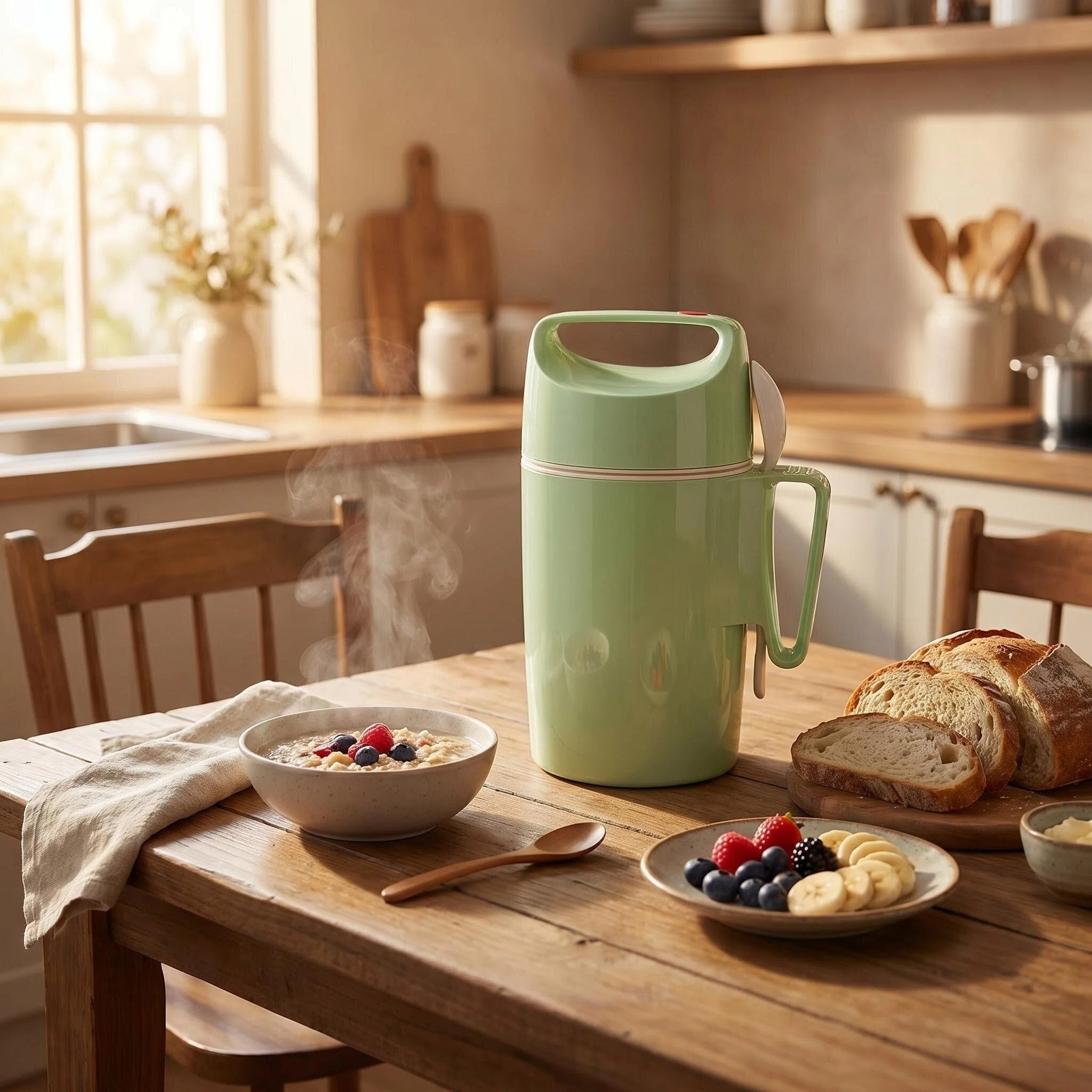 Grüner Behälter mit Frühstück: Haferbrei, Beeren, Brot und Obst auf einem Holztisch.