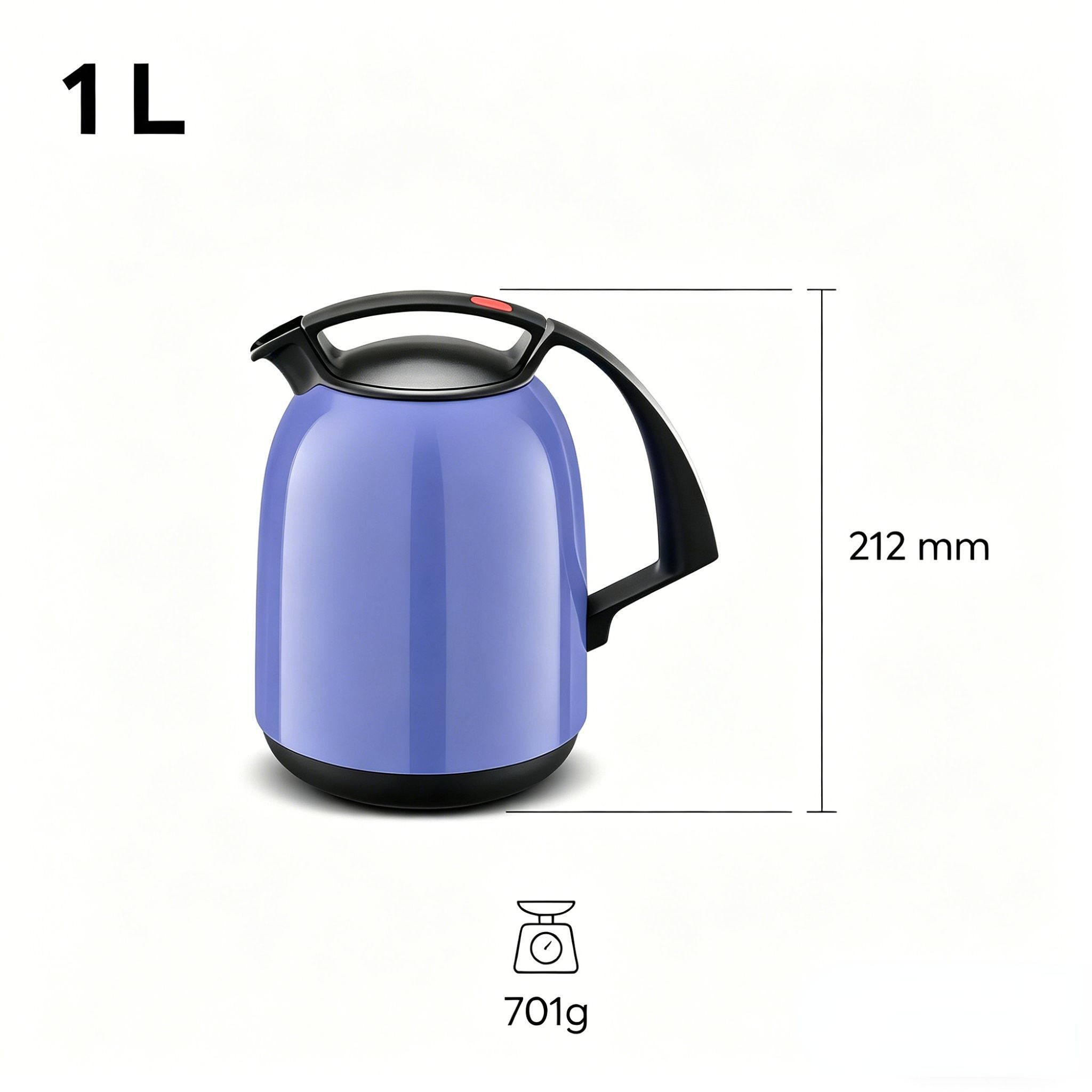 Eine blaue Thermoskanne mit schwarzem Griff, 212 mm hoch, 1 L, 701 g.