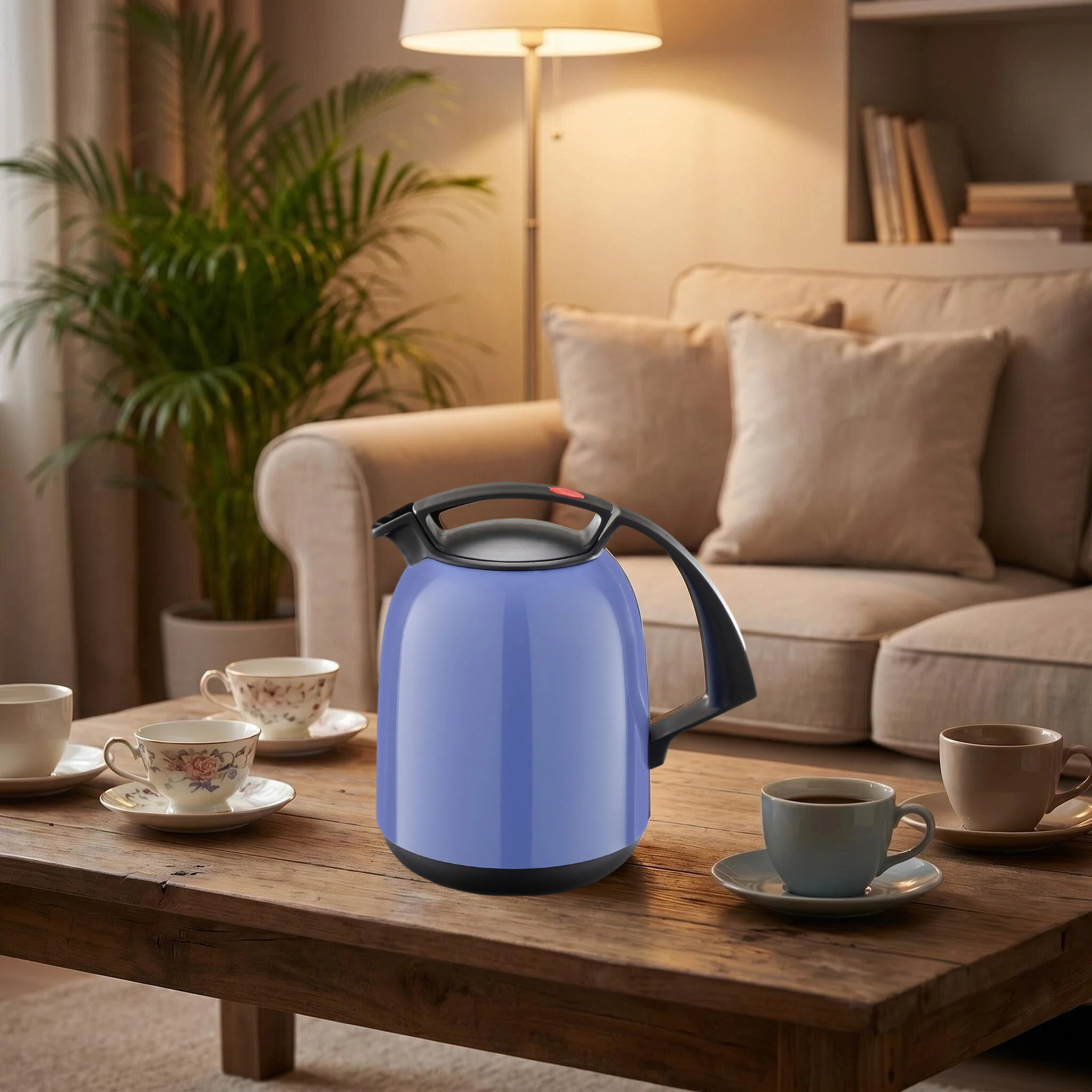 Ein blauer Wasserkocher steht auf einem Holztisch mit Tassen.