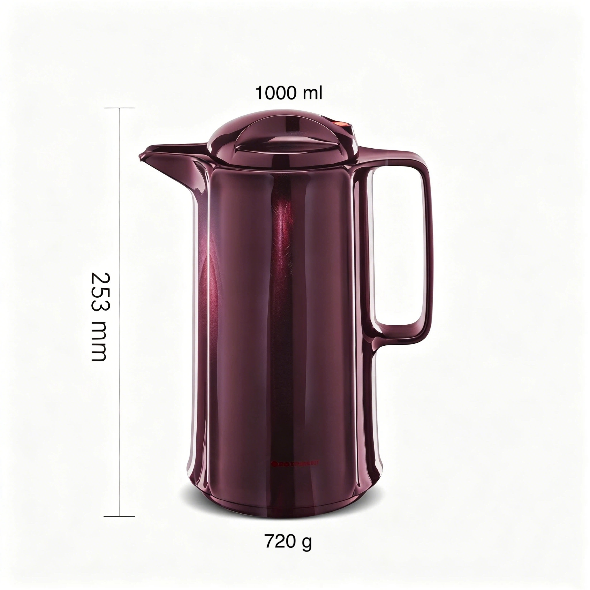 Eine dunkelrote Thermoskanne mit 1000 ml Fassungsvermögen, 253 mm hoch und 720 g schwer.