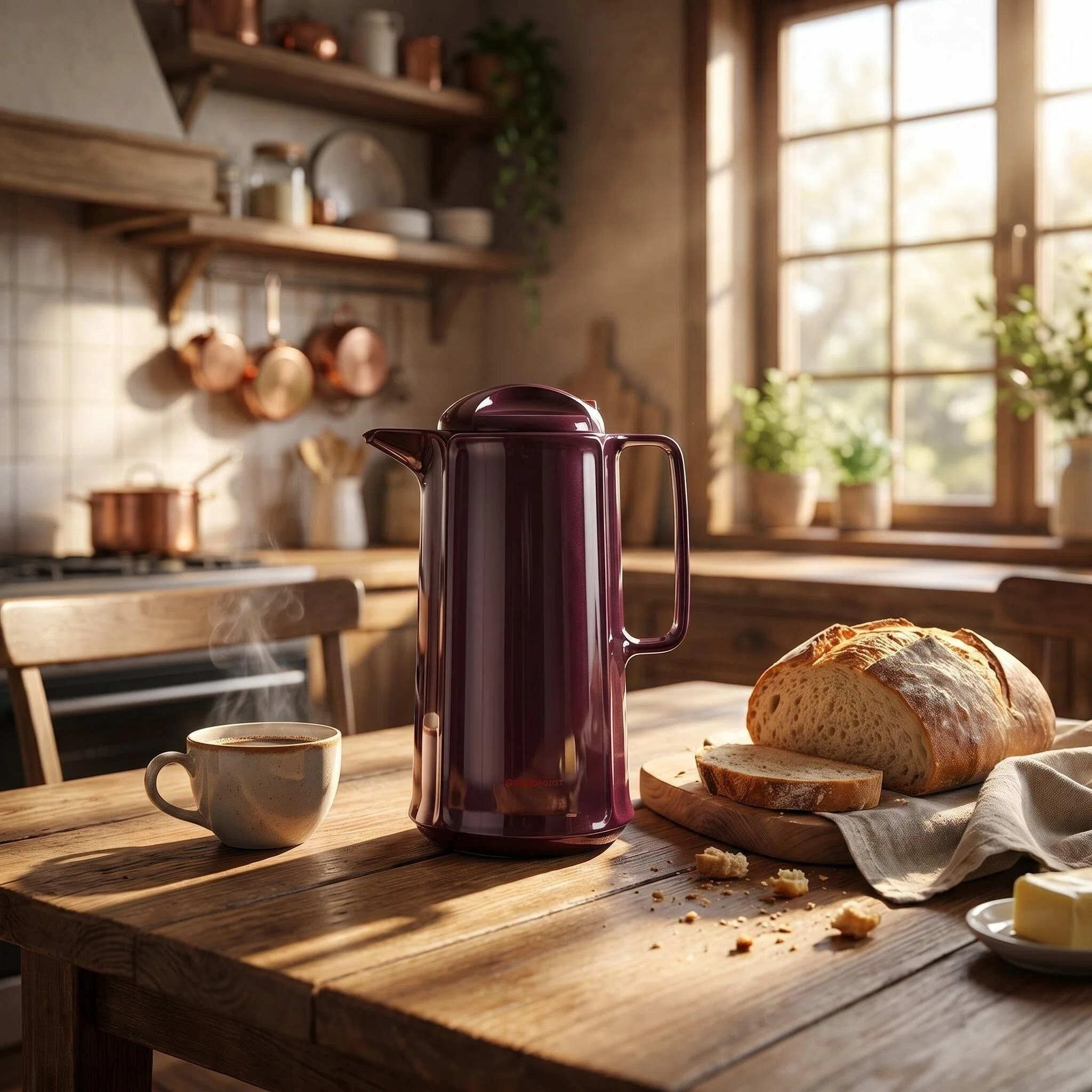 Ein Thermosgefäß, eine Tasse Kaffee und Brot liegen auf einem Holztisch.