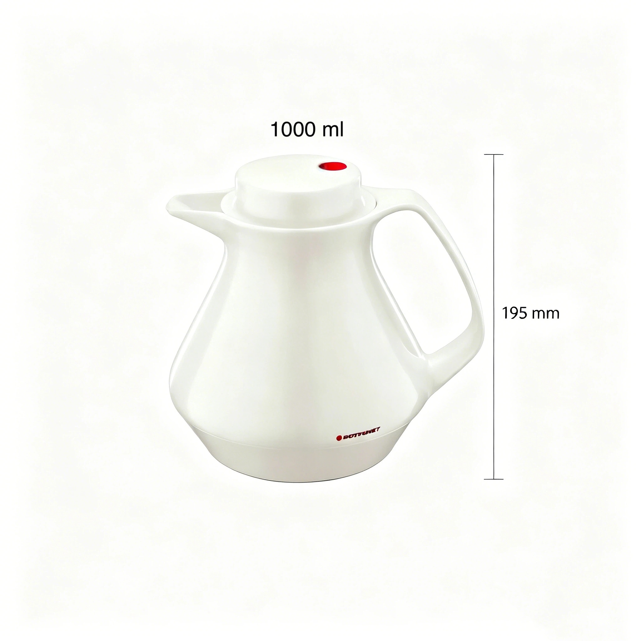 Weiße Thermoskanne, 1000 ml, 195 mm hoch, mit rotem Knopf auf dem Deckel.