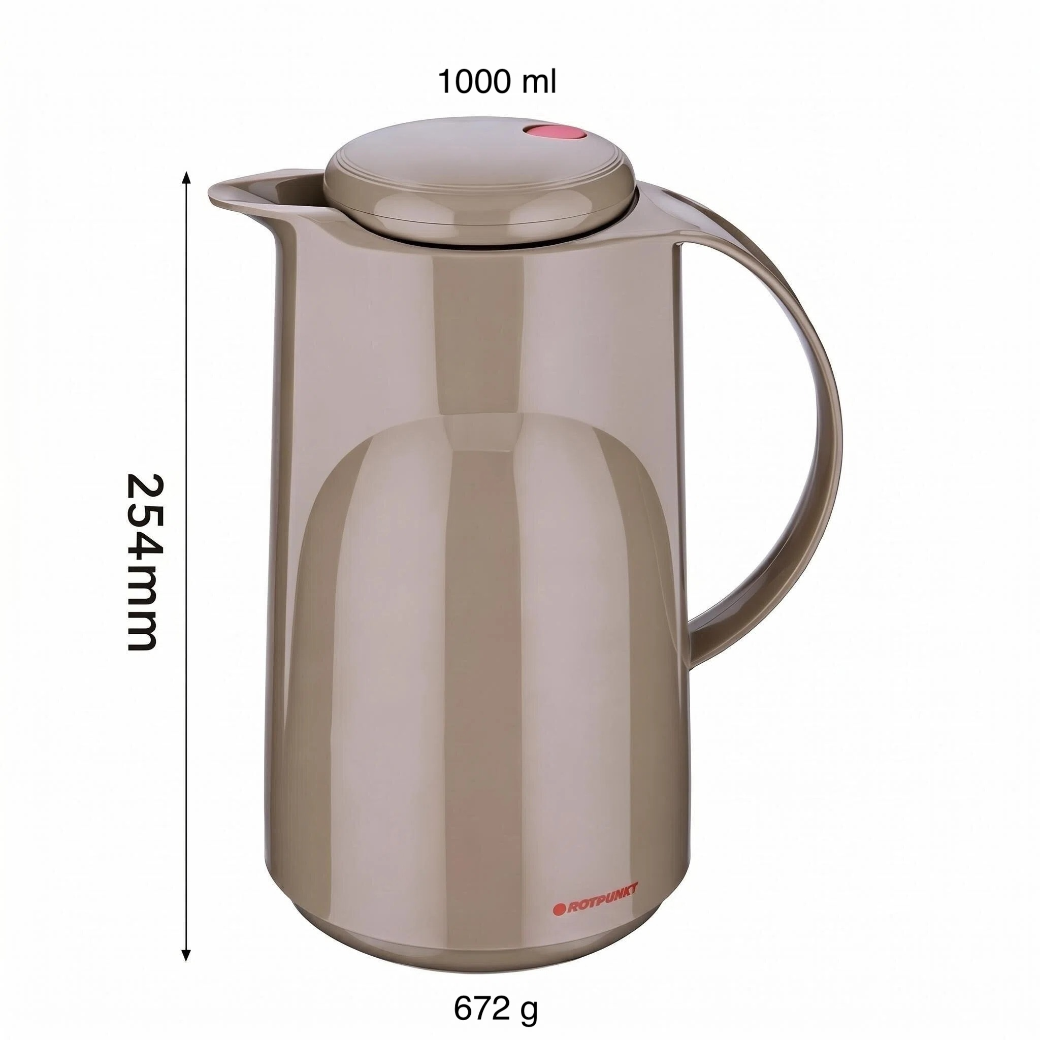 Caraffa termica marrone con manico, altezza 254 mm, capacità 1000 ml, 672 g.