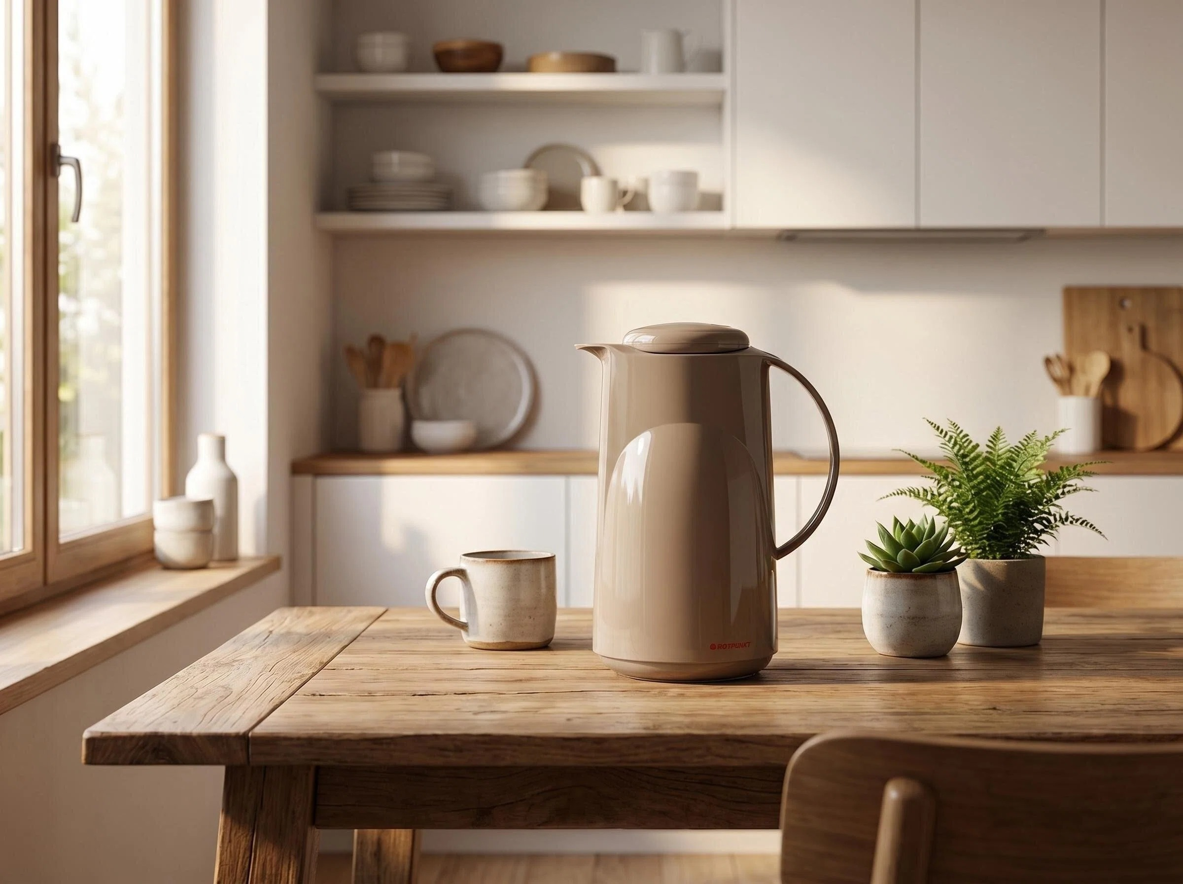 Un thermos e una tazza beige su un tavolo di legno, con piante e scaffali sullo sfondo.
