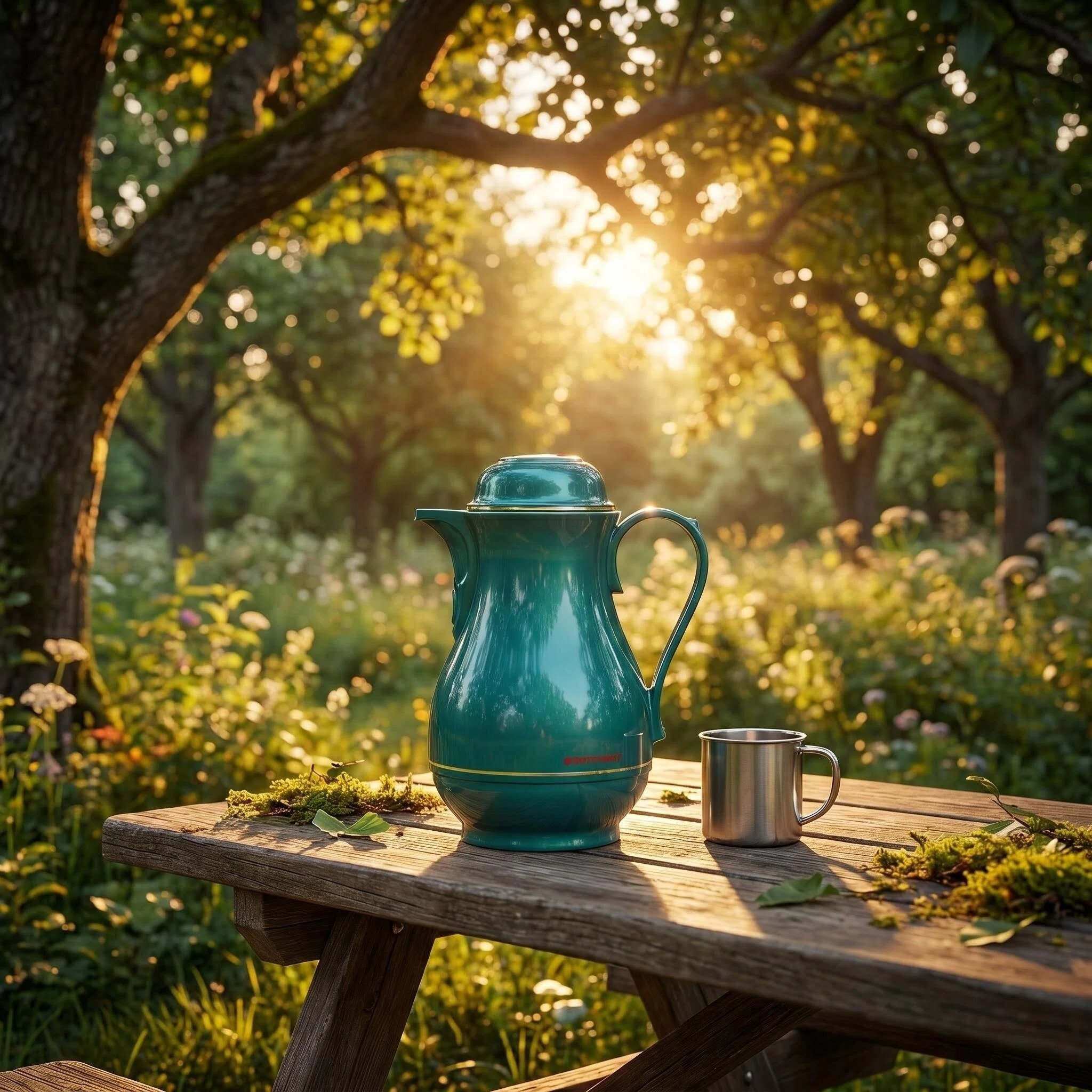 Türkiser Thermoskanne und Becher auf Holztisch im sonnigen Garten.