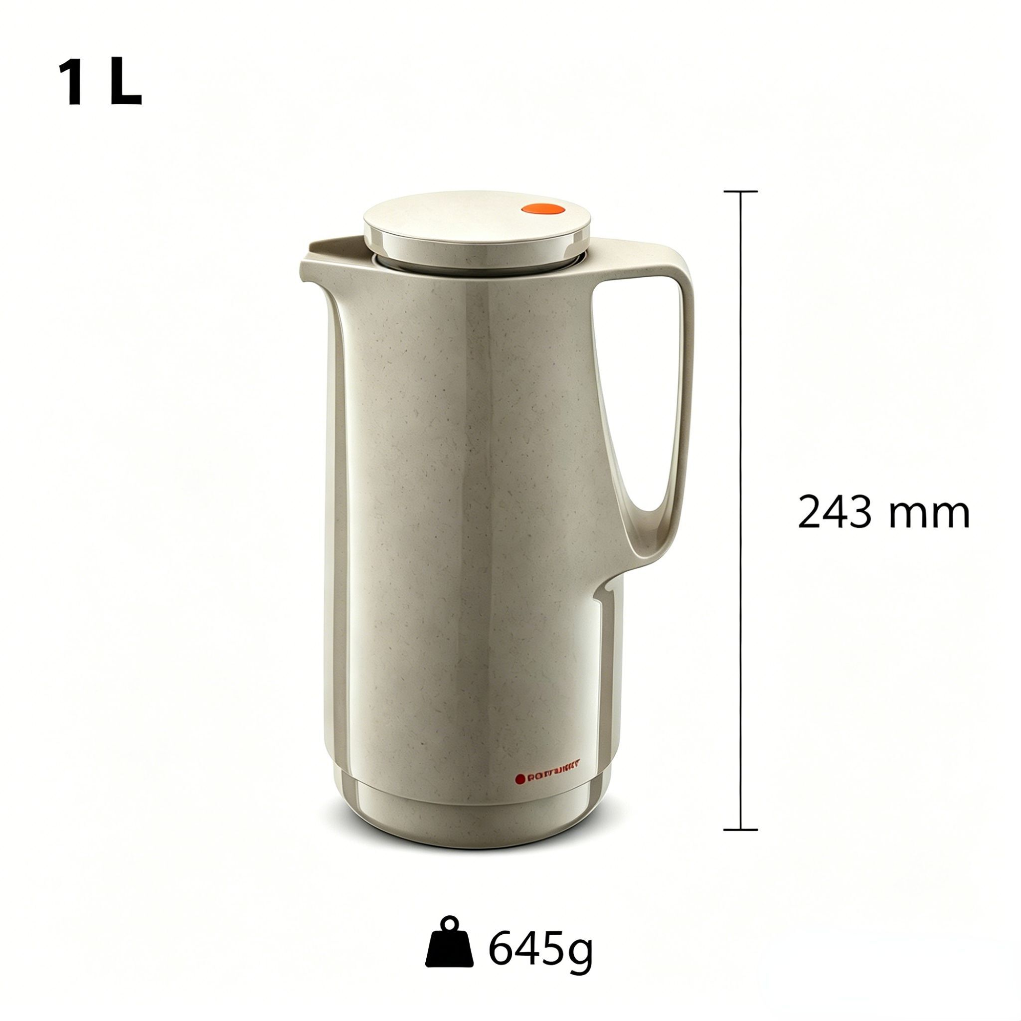 Ein beigefarbener Thermosbehälter mit einem orangefarbenen Knopf auf dem Deckel.