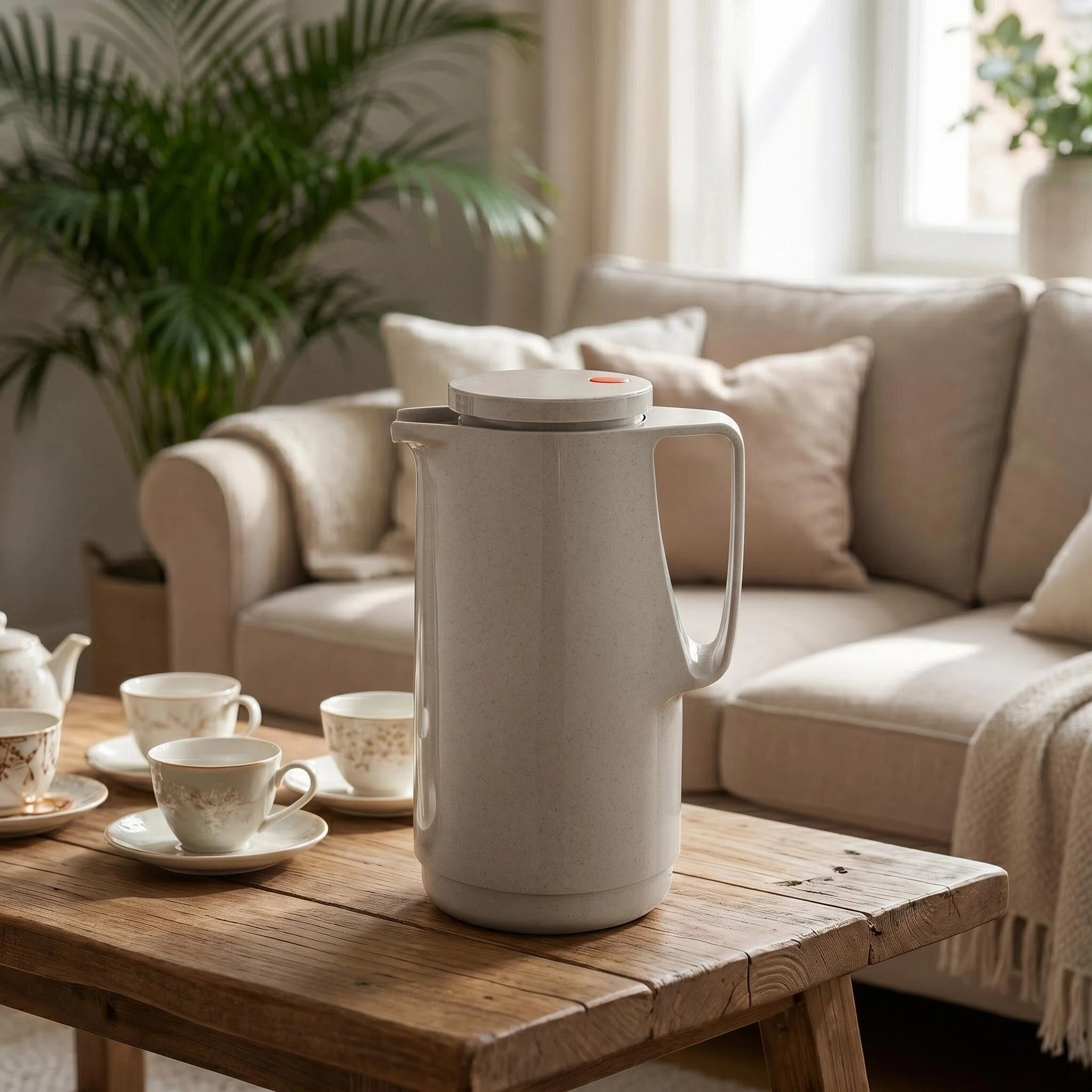 Ein heller Thermos-Krug und Tassen auf einem Holztisch vor einem Sofa.
