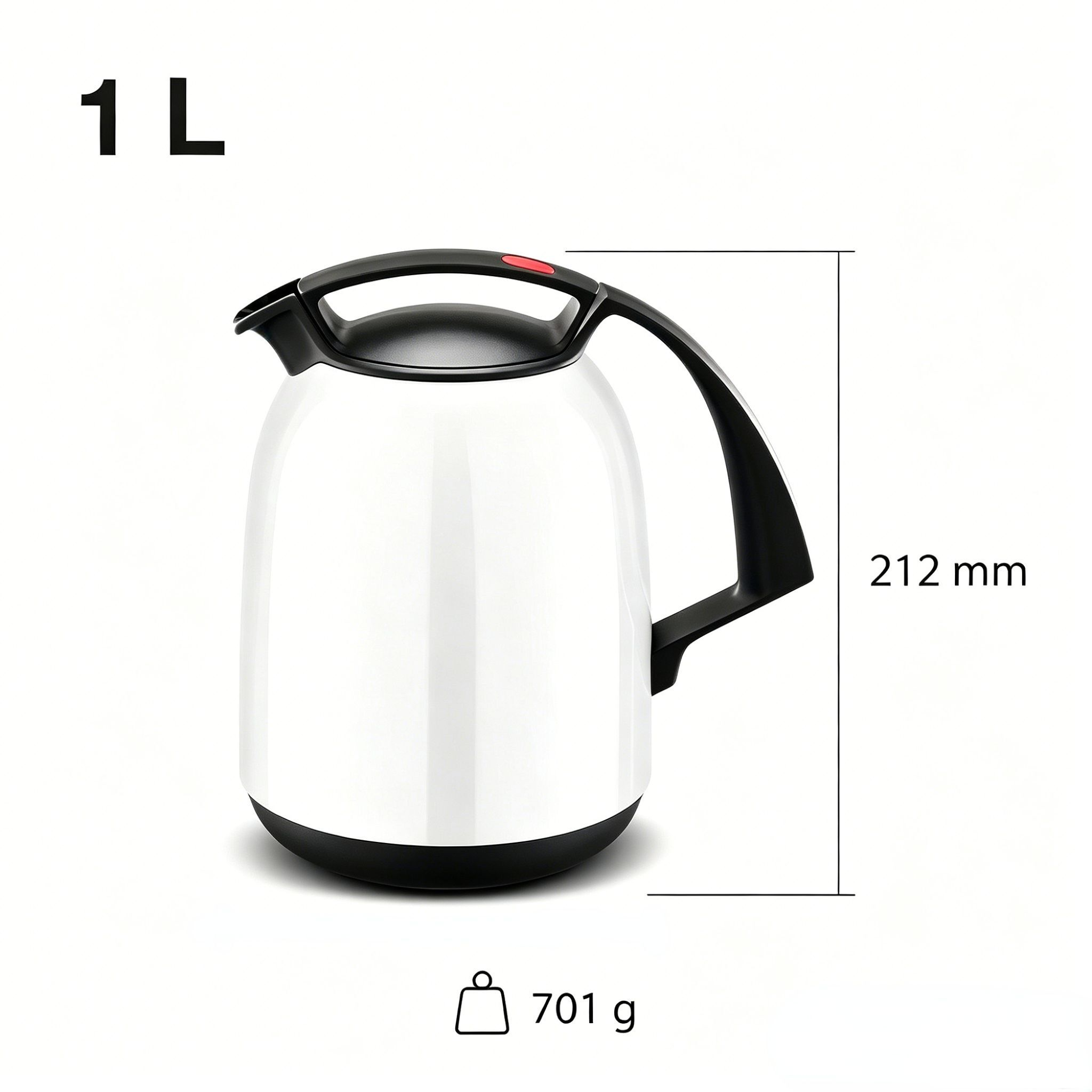 Weiße Thermoskanne mit schwarzem Griff, 1L, 212mm hoch, 701g schwer.