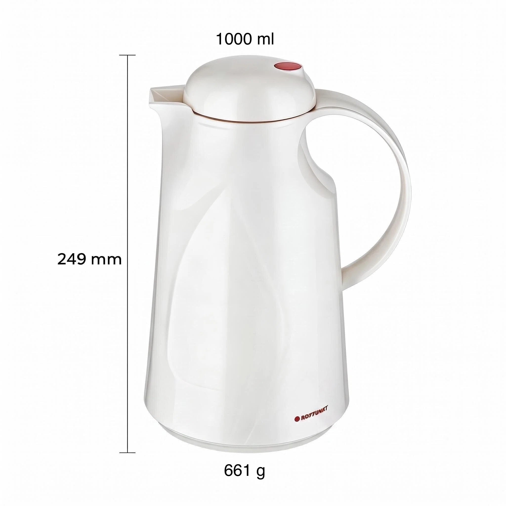 Weiße Thermoskanne mit rotem Knopf, 24,9 cm hoch, 1 L Fassungsvermögen.
