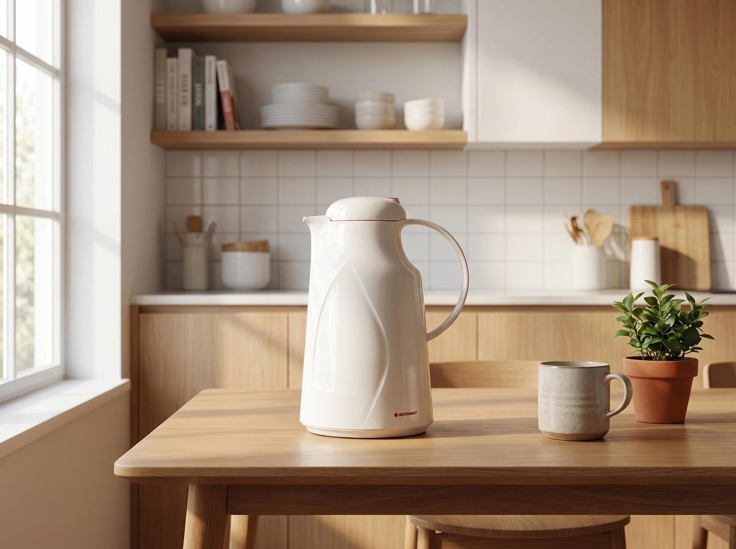 Ein weißer Thermoskanne und eine Tasse stehen auf einem Holztisch.