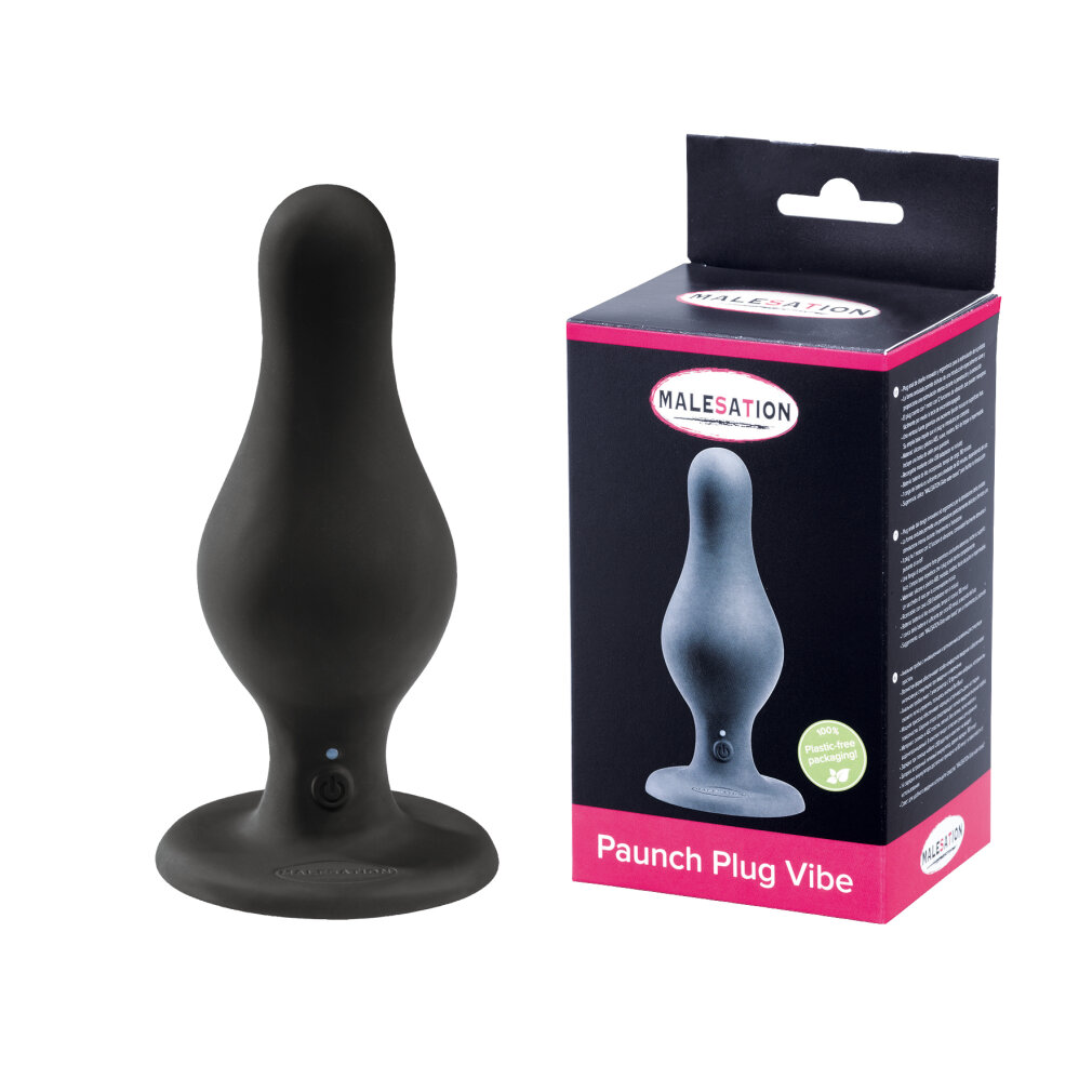 Schwarzer Paunch Plug Vibe neben seiner Verpackung mit Produktbild.