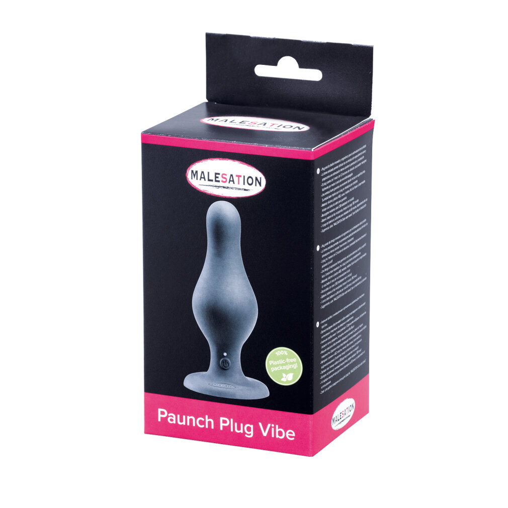 Grauer Stecker auf schwarzer Verpackung mit pinkem Rand.