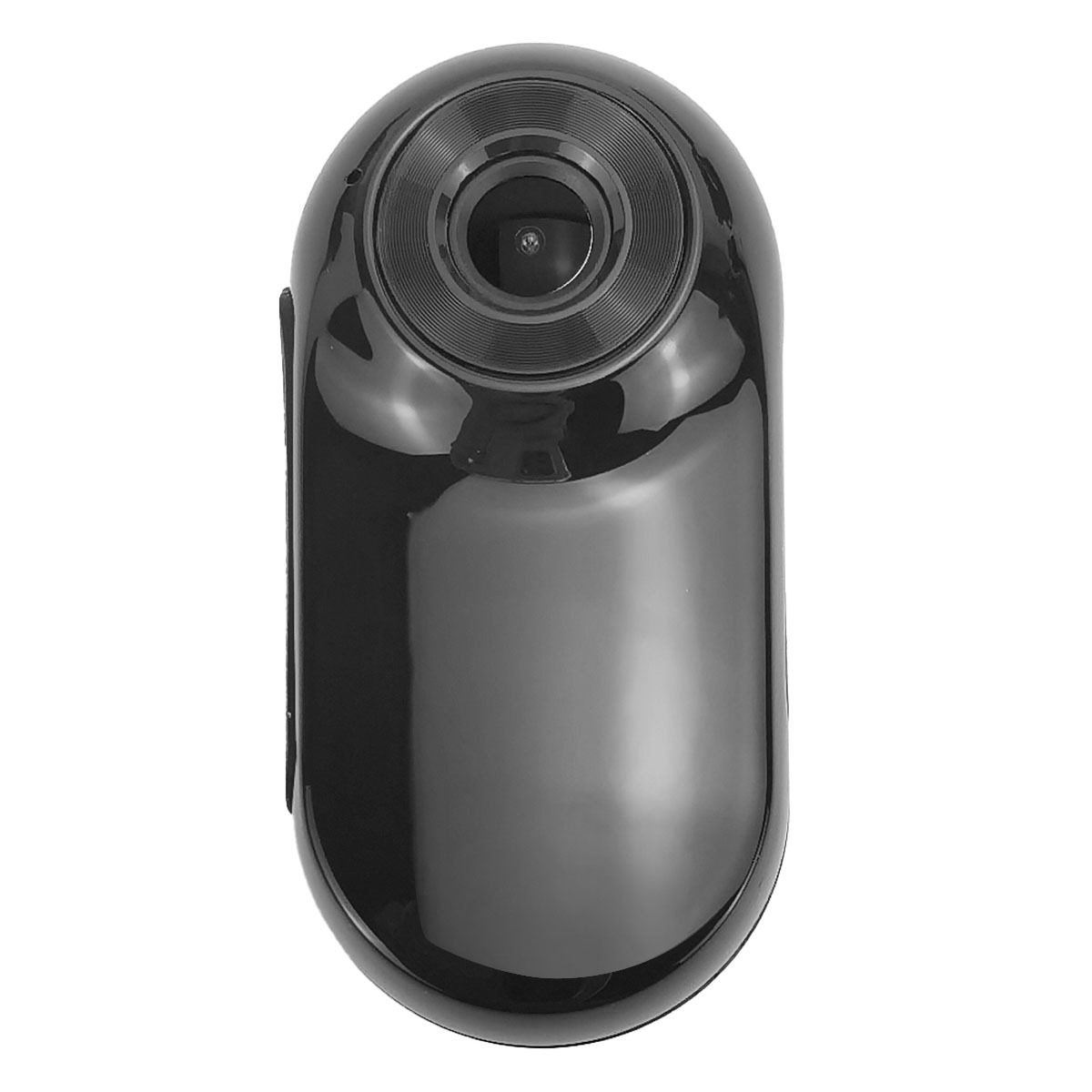 Black, shiny, oval security camera with visible lens and rings.