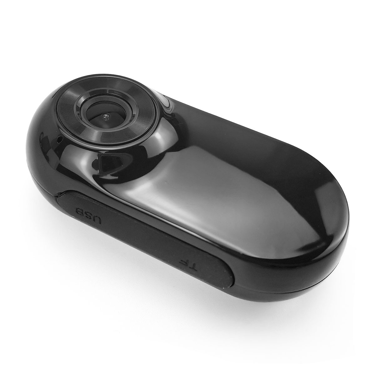 A compact, glossy black mini camcorder with USB and TF ports.