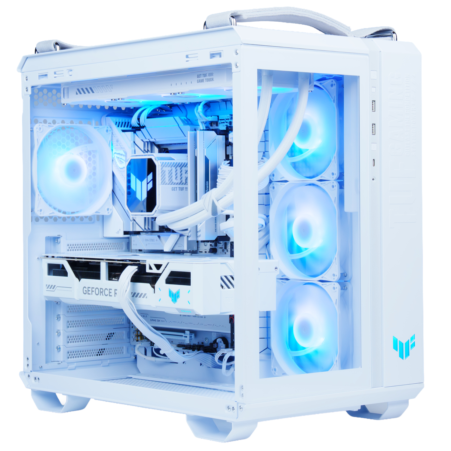 Un PC gamer blanco con ventiladores azules e iluminación RGB.