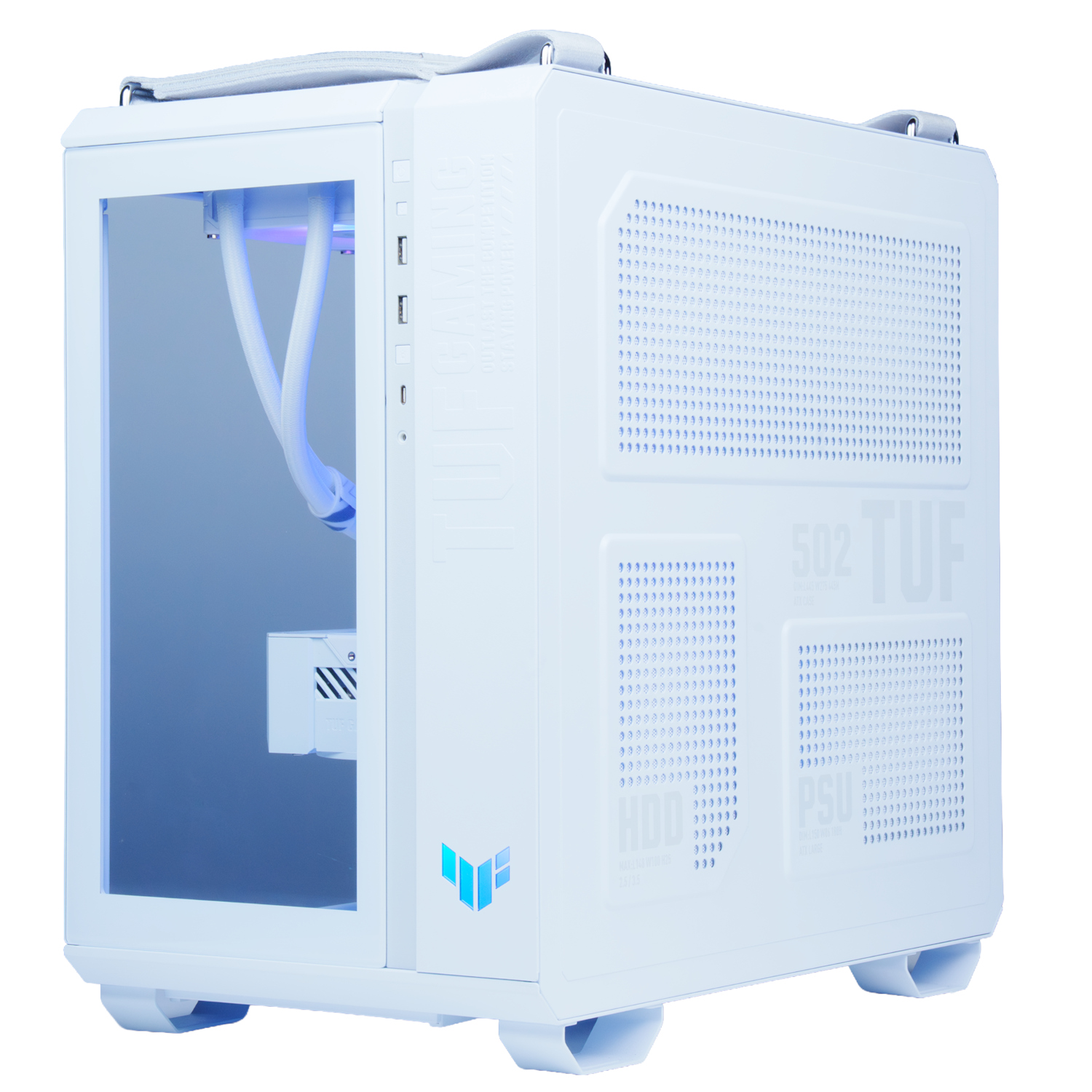 Caja de computadora blanca con panel lateral transparente, muestra iluminación interna azul y cables.