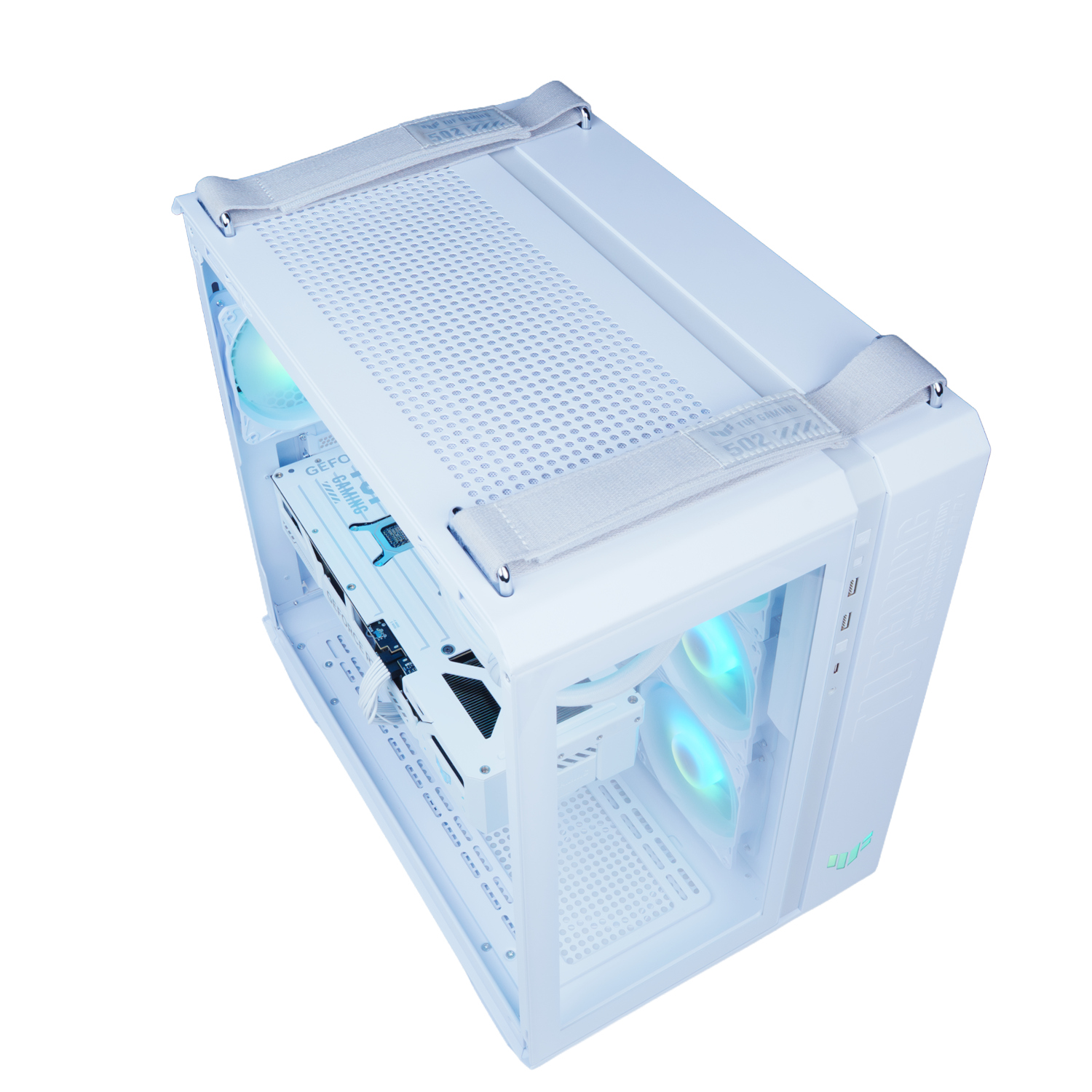 Una caja de PC blanca con ventiladores RGB y correas.