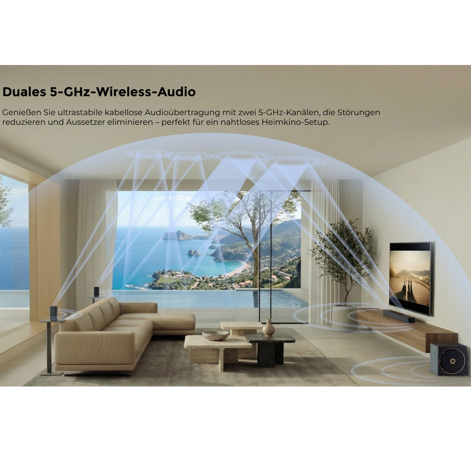 Modernes Wohnzimmer mit 5-GHz-Audio-Visualisierung, Meerblick und einem Sofa.