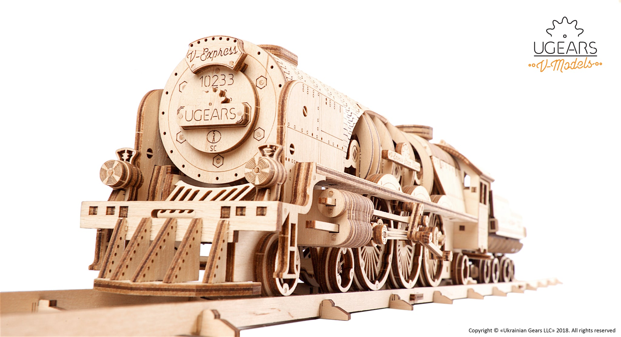 Hölzernes Modell einer Dampflokomotive 'V-Express' mit der Nummer 10233.