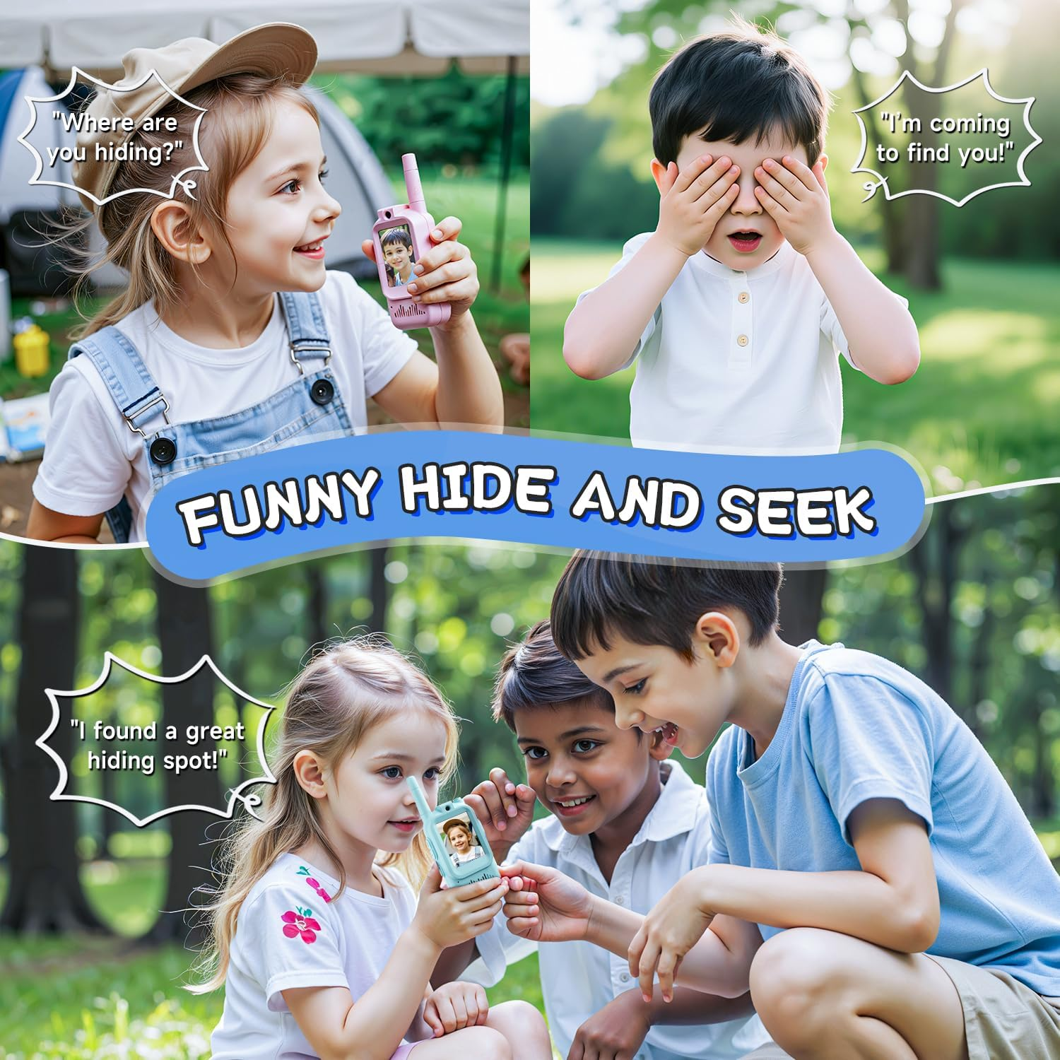 Kinder spielen Verstecken im Freien, ein Mädchen benutzt ein Walkie-Talkie.