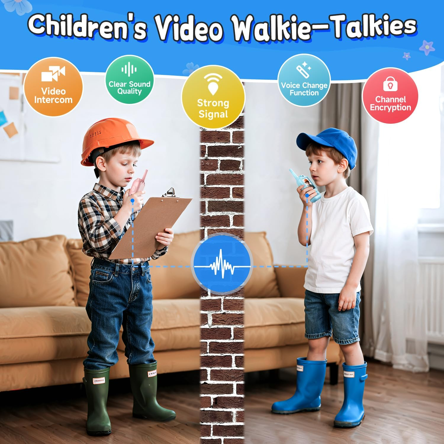 Zwei Kinder mit Walkie-Talkies, eines mit Helm und Klemmbrett, das andere mit Kappe.