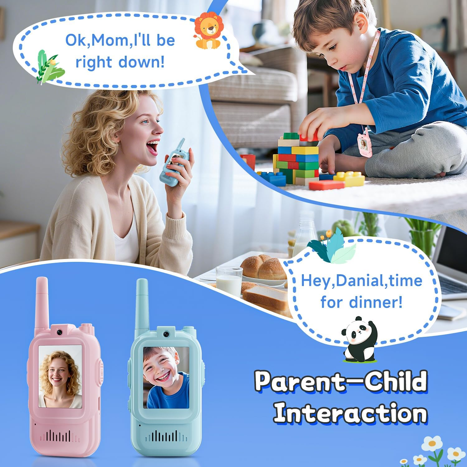 Frau mit Babyphone, Junge spielt mit Bausteinen, Kinder-Walkie-Talkies.